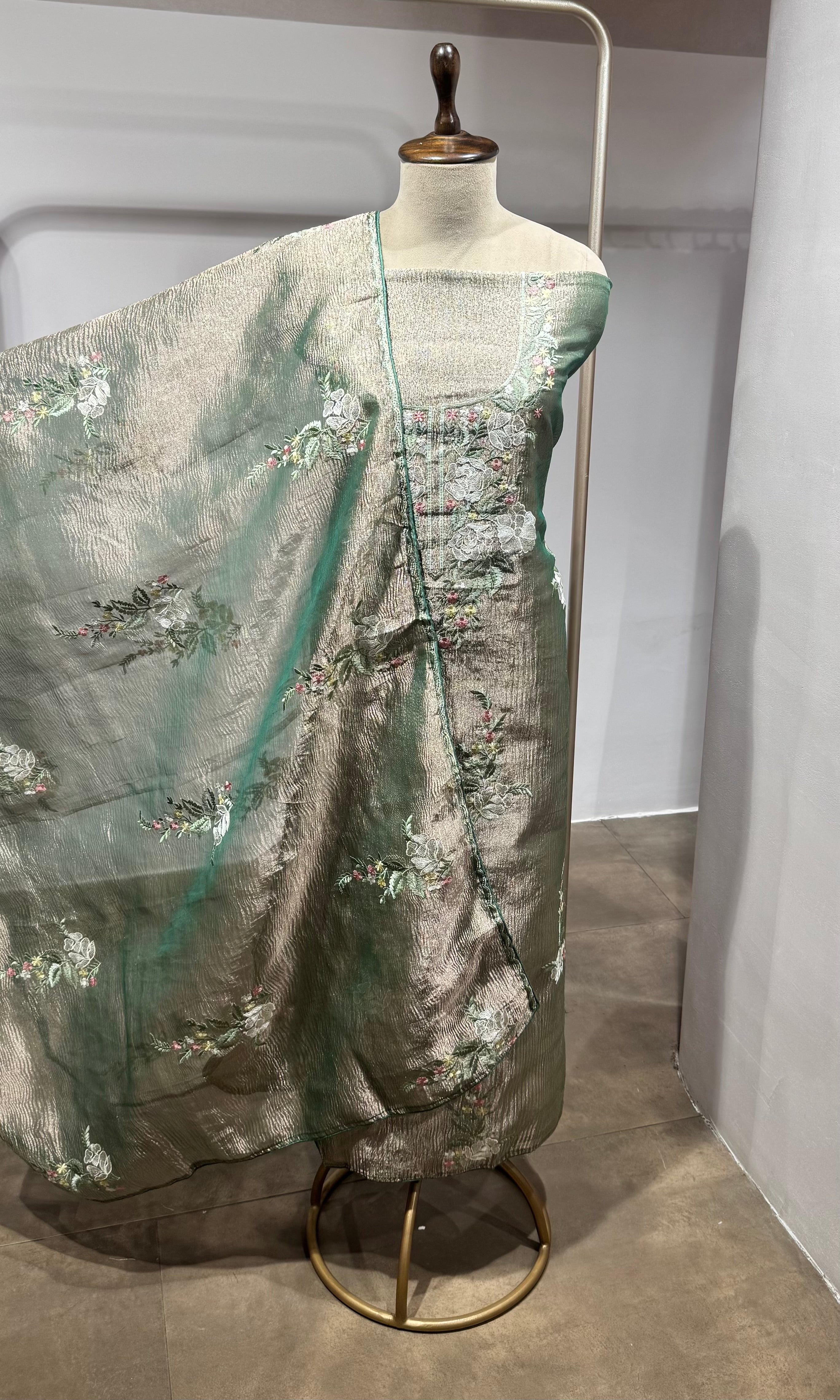 Green Floral tissue dress material