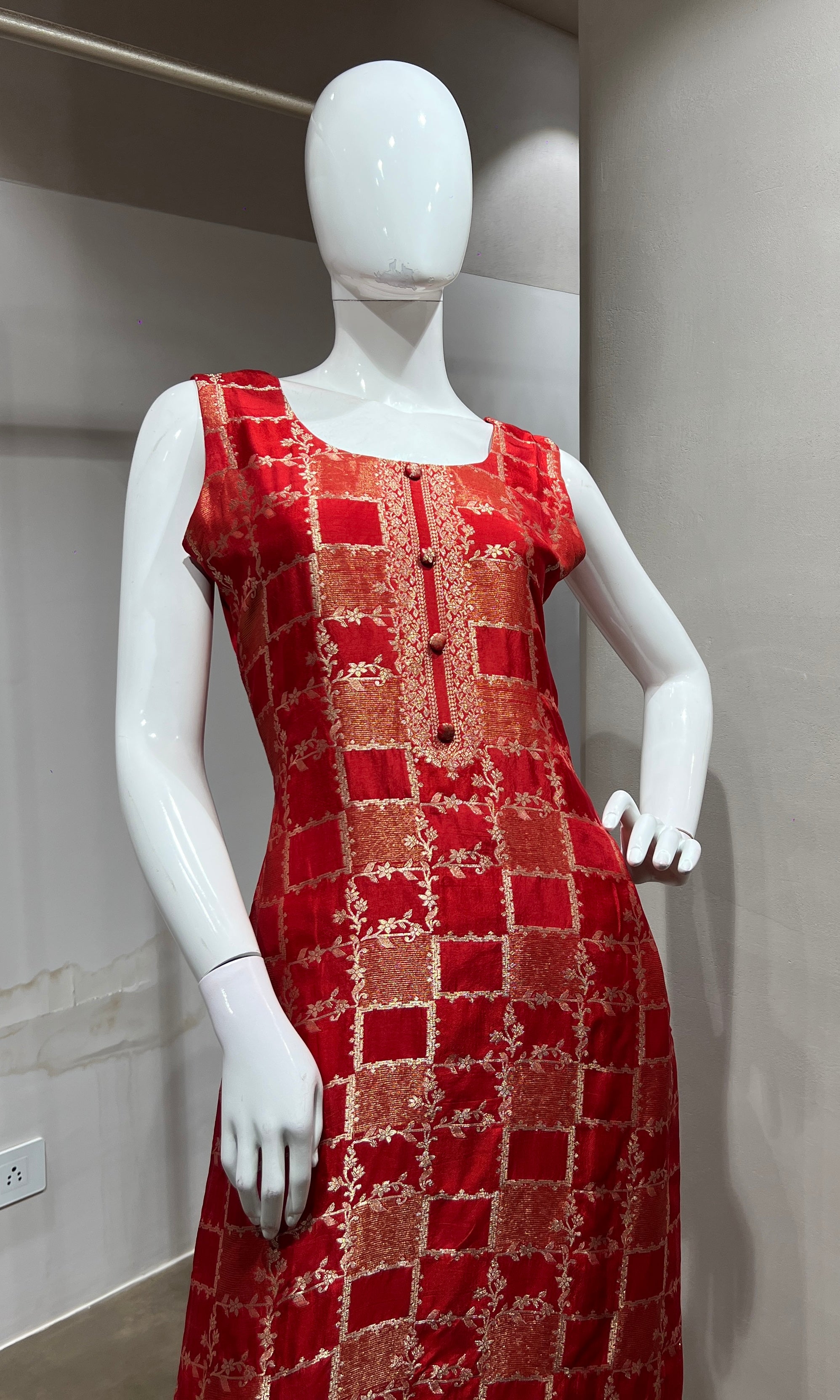red Silk Embroidered Zari Kurta Set