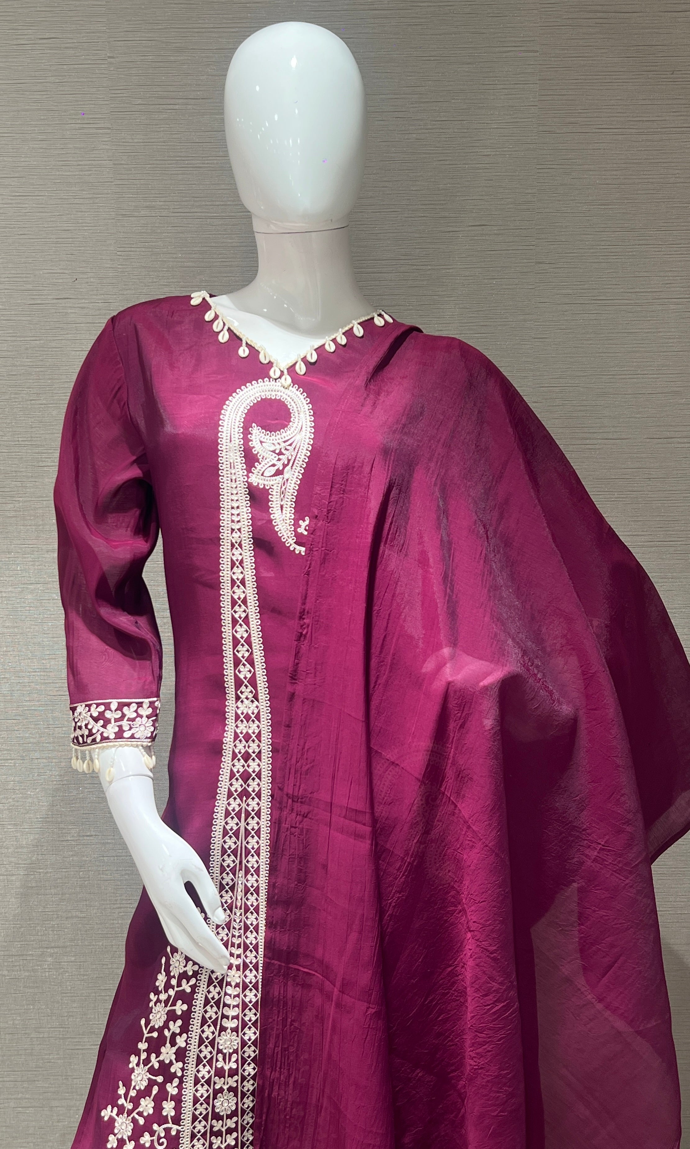 Wine Thread Embroidery Kurta Set