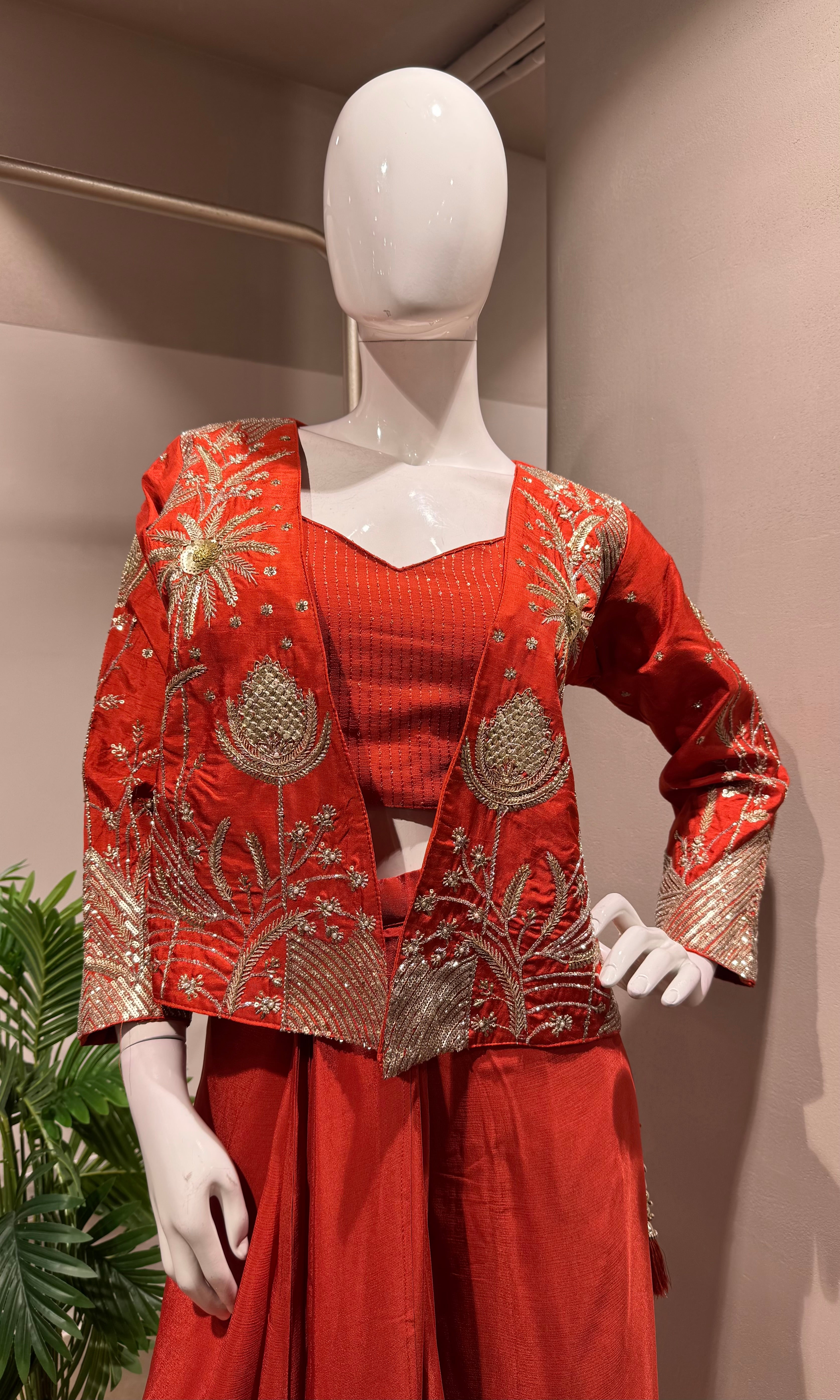 RUST WITH CROP TOP PALAZZO SET WITH JACKET
