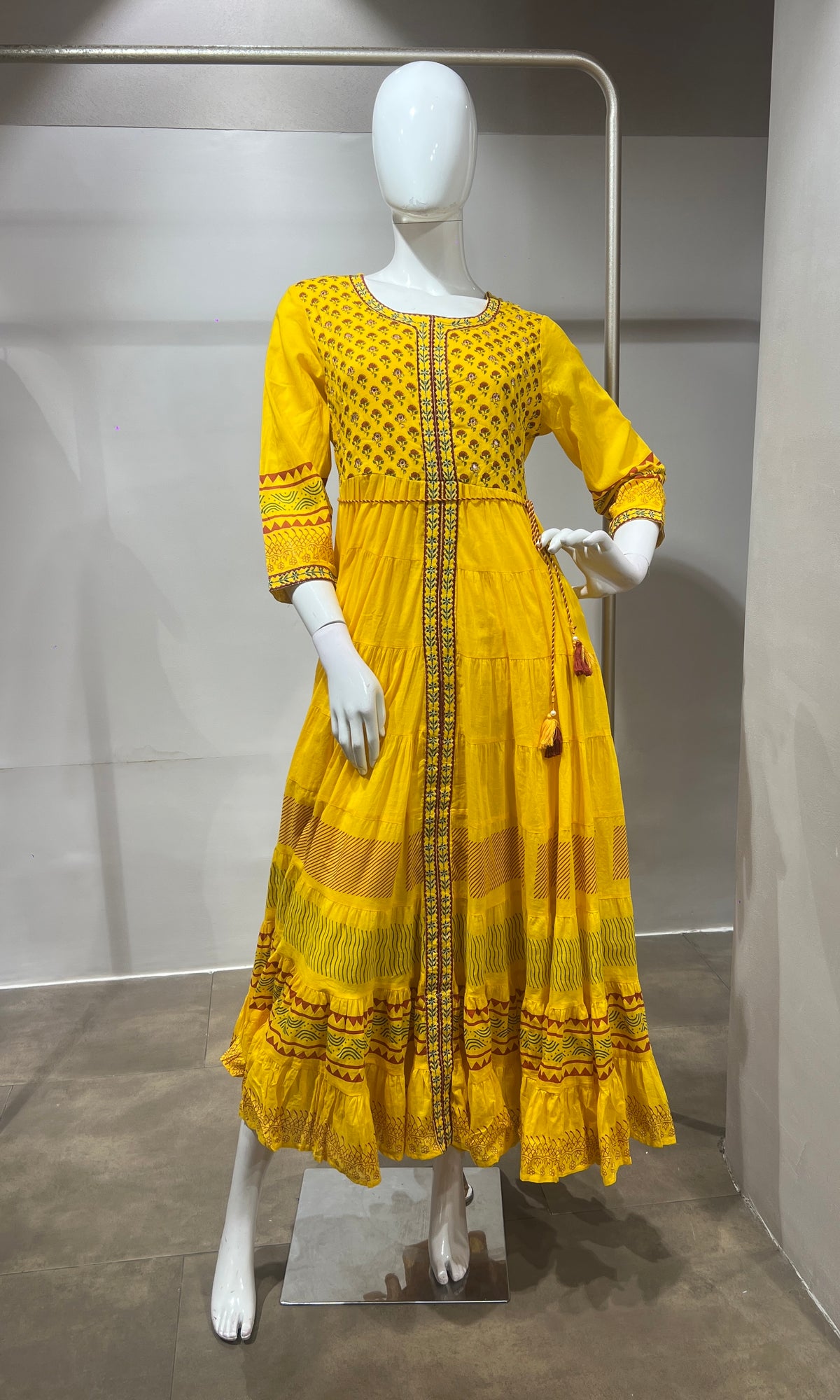 yellow ethnic printed cotton Frock