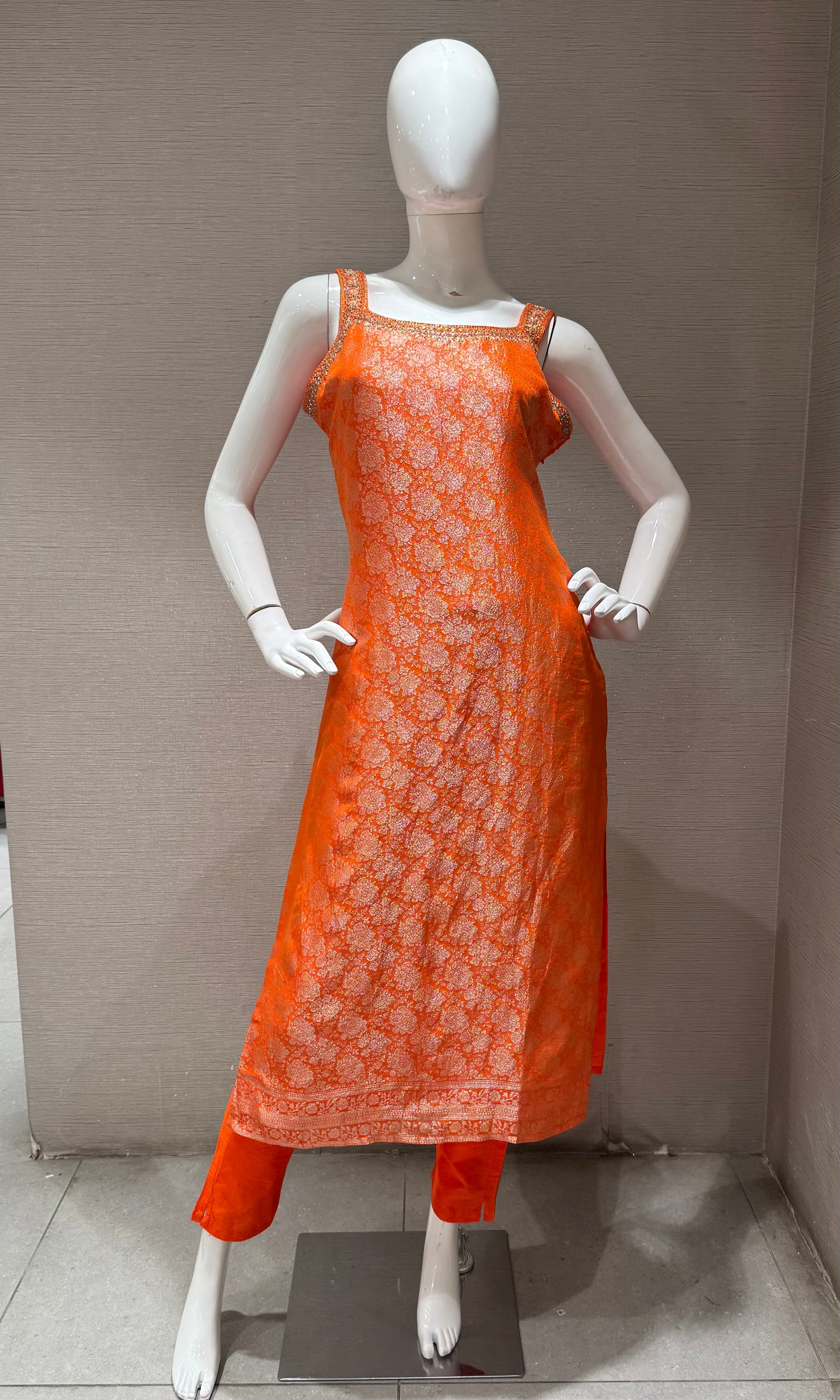 Orange banarasi silk kurta set with dupatta
