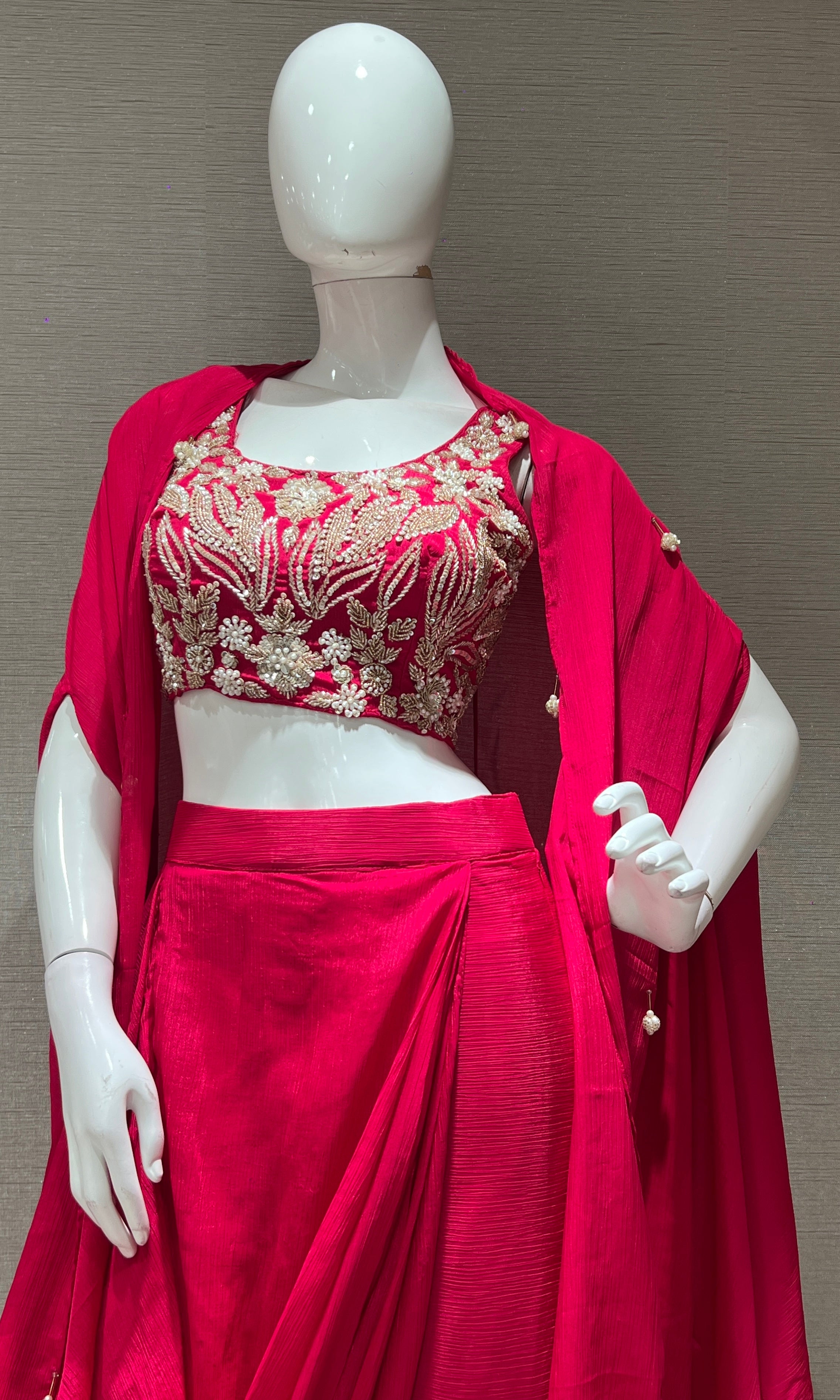 PINK EMBROIDERED BLOUSE with draped skirt & cape