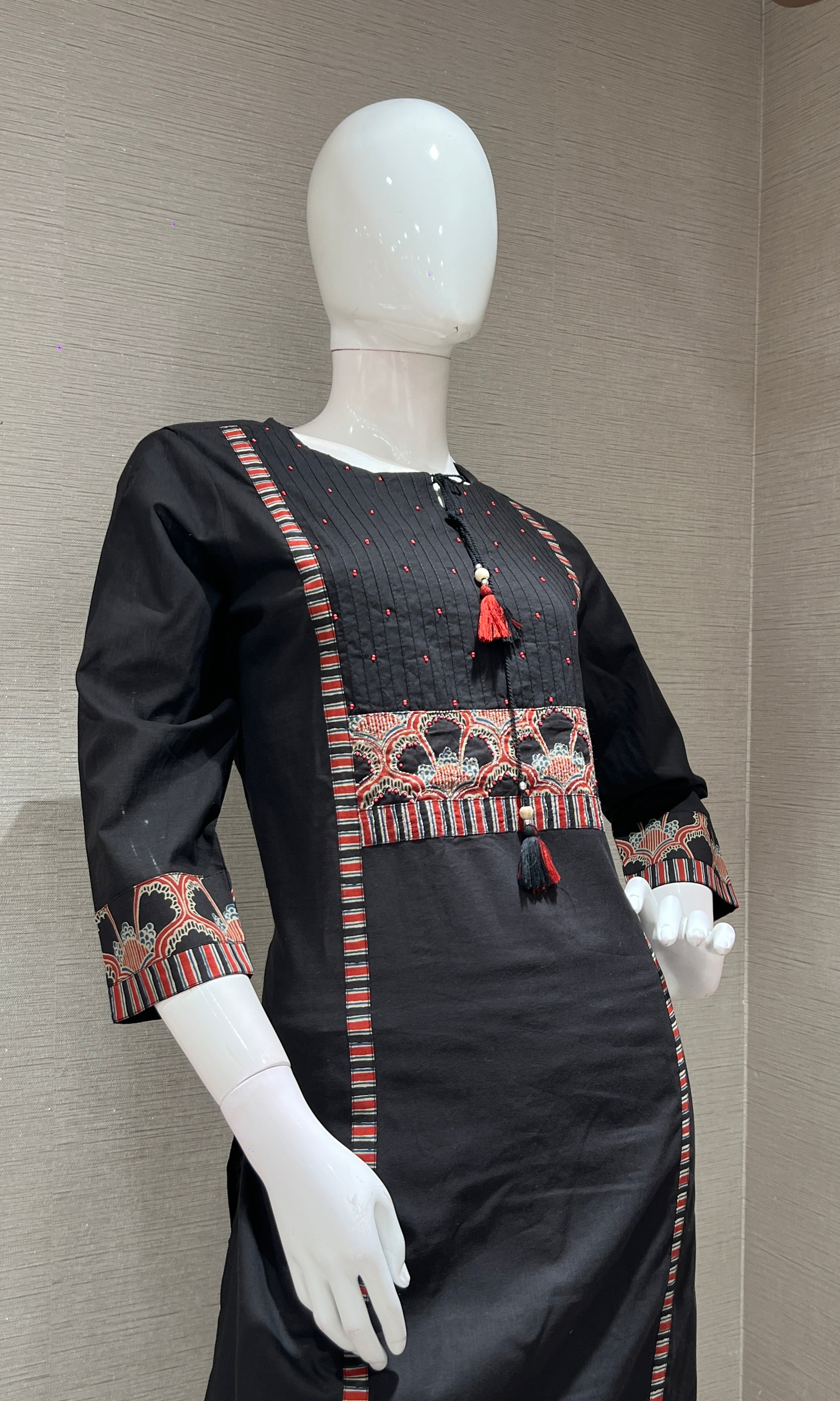 Black A LINE EMBROIDERED KURTA SET