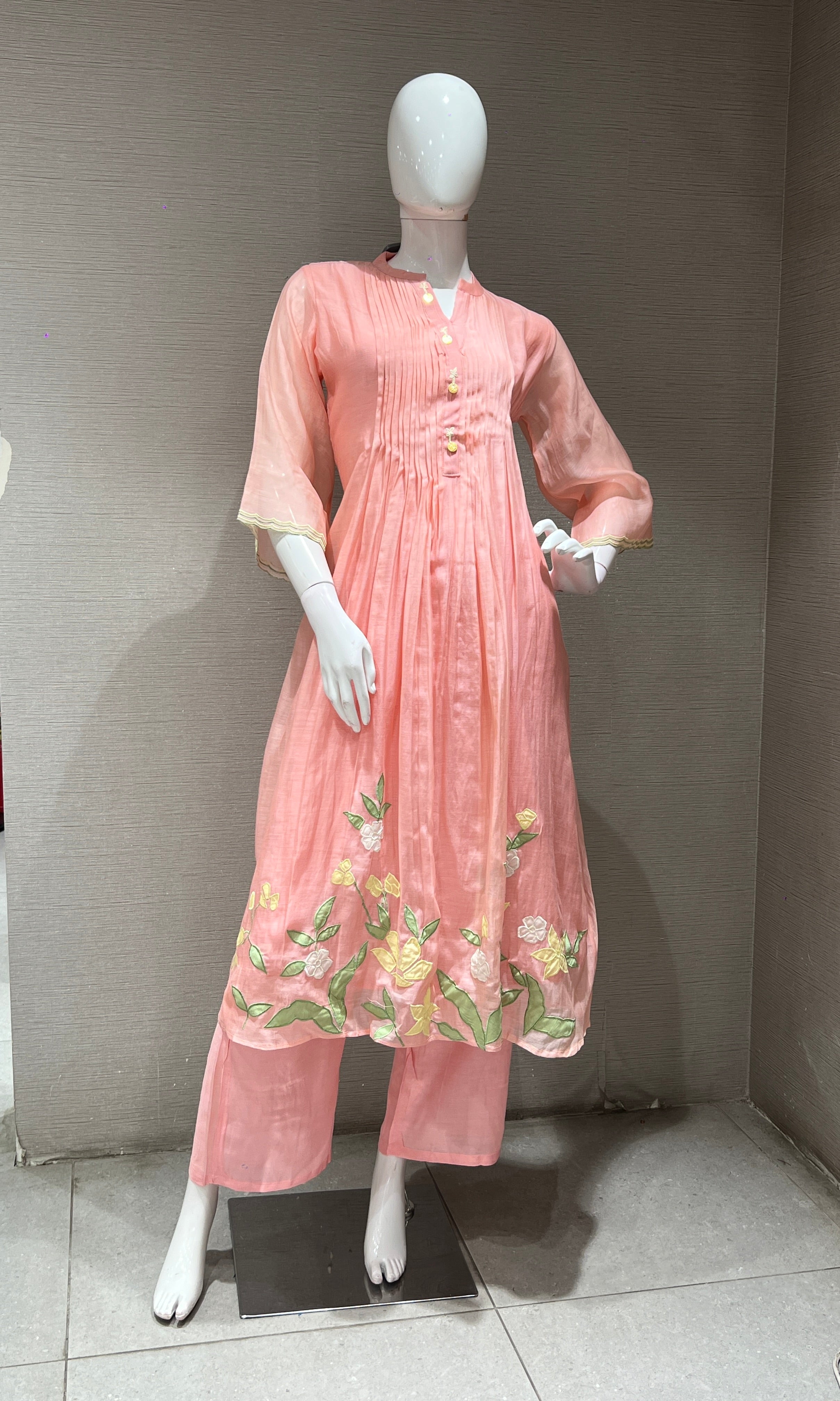 pink FLORAL MUL CHANDERI KURTA SET