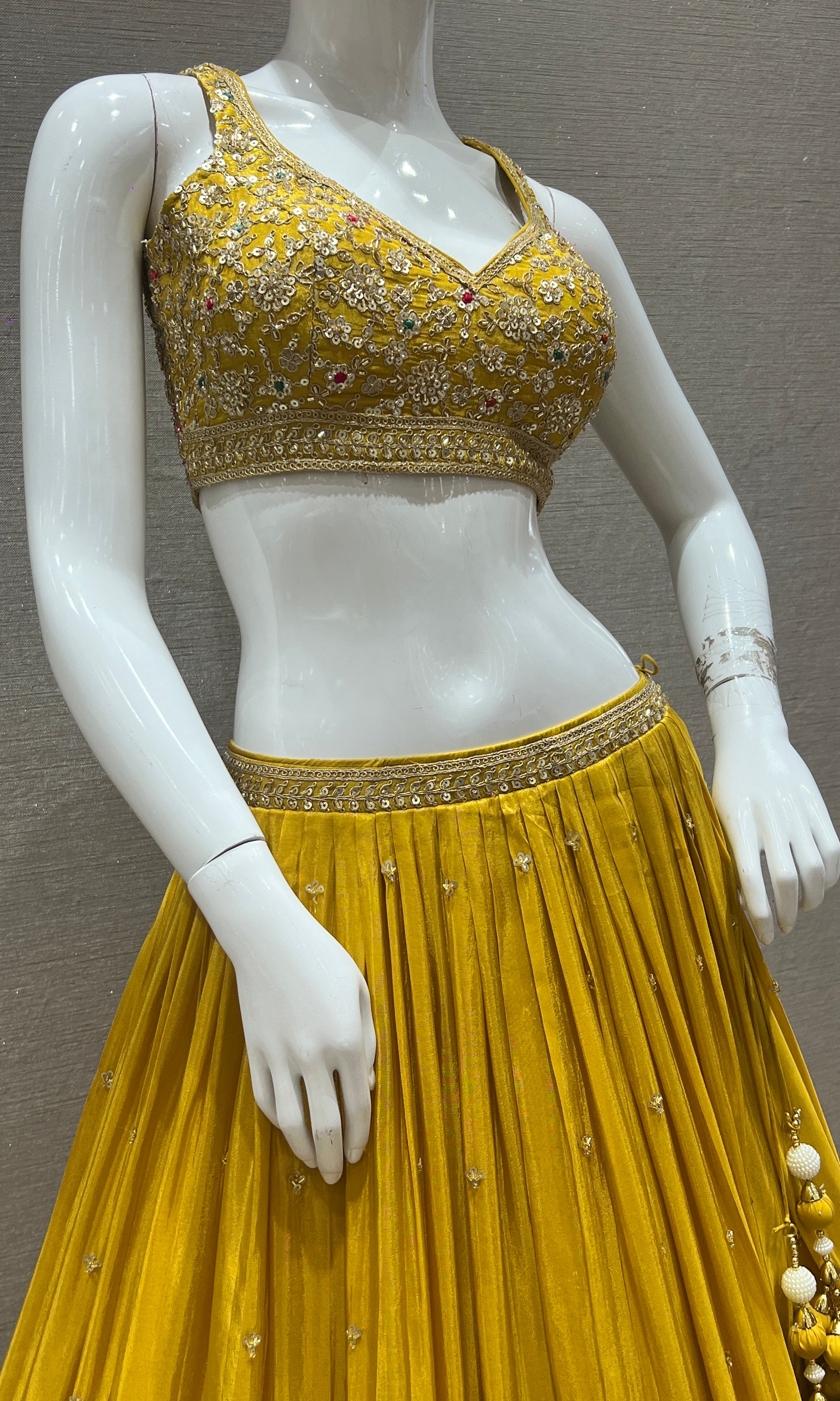 Sunehri- Mustard Yellow Lehenga with Gold and Floral Embroidery Work