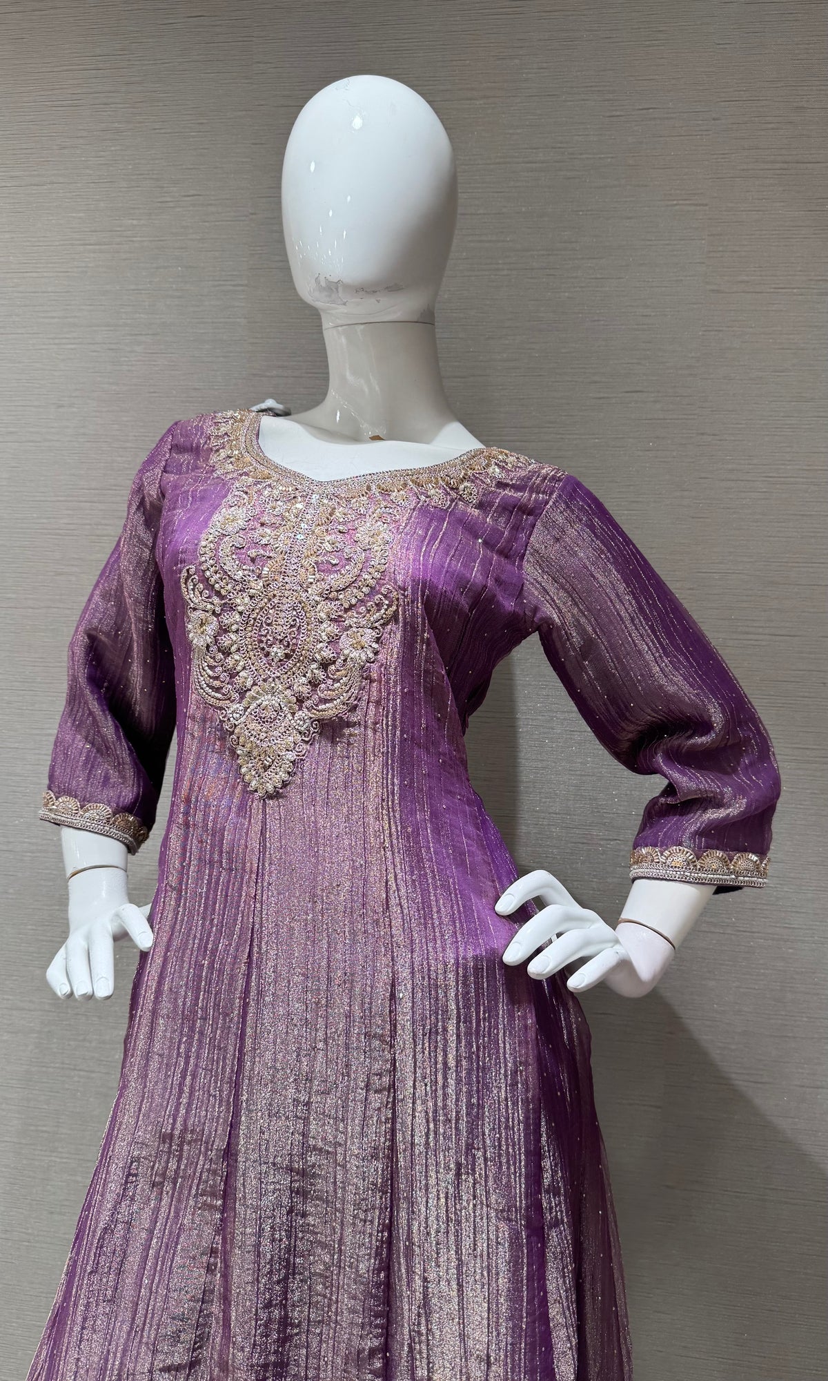 PURPLE TISSUE SILK EMBROIDERED ANARKALI SET WITH DUPATTA