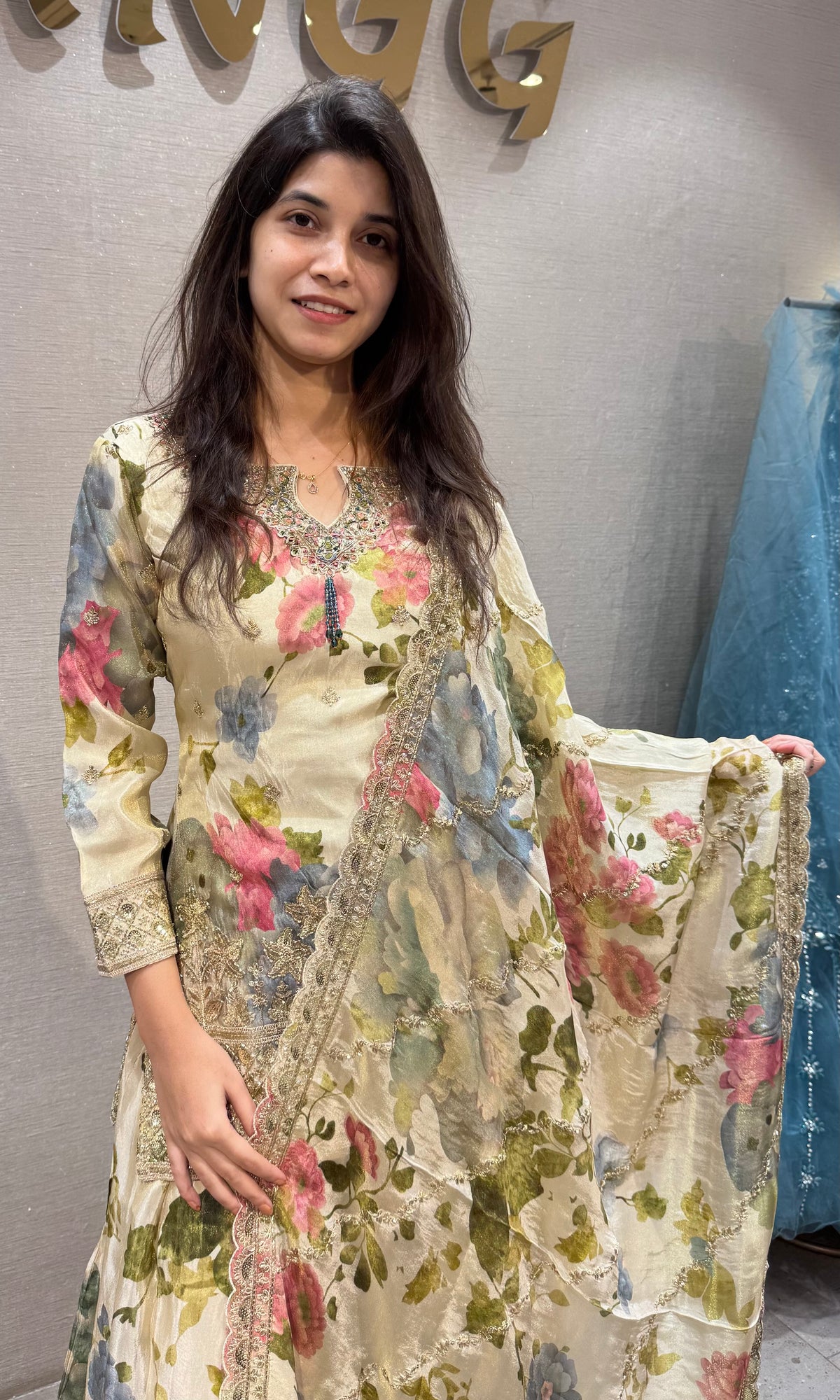 cream silk organza Floral Printed palazzo Set with dupatta