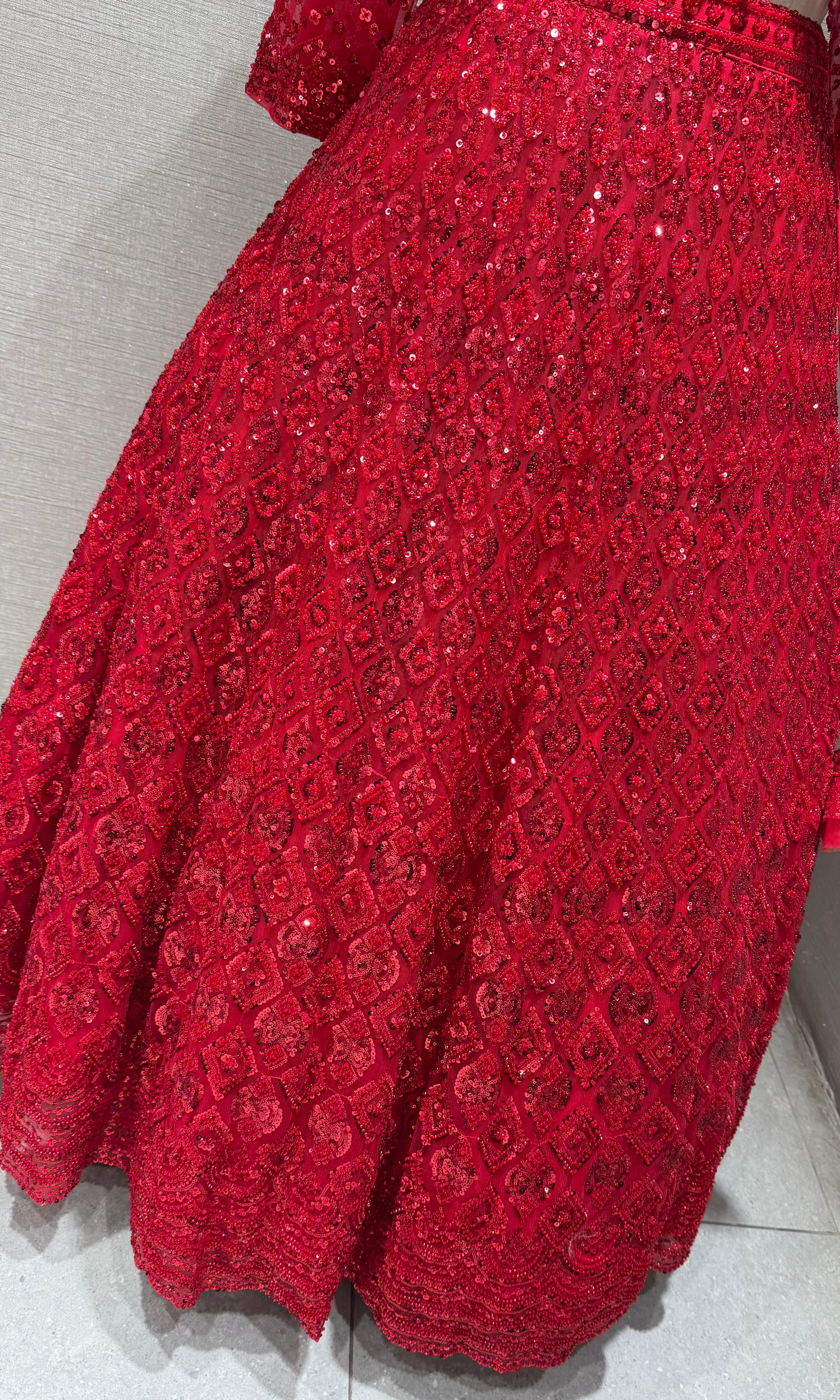 Ruby Red Embellished Lehenga Choli with Sequin Net Dupatta