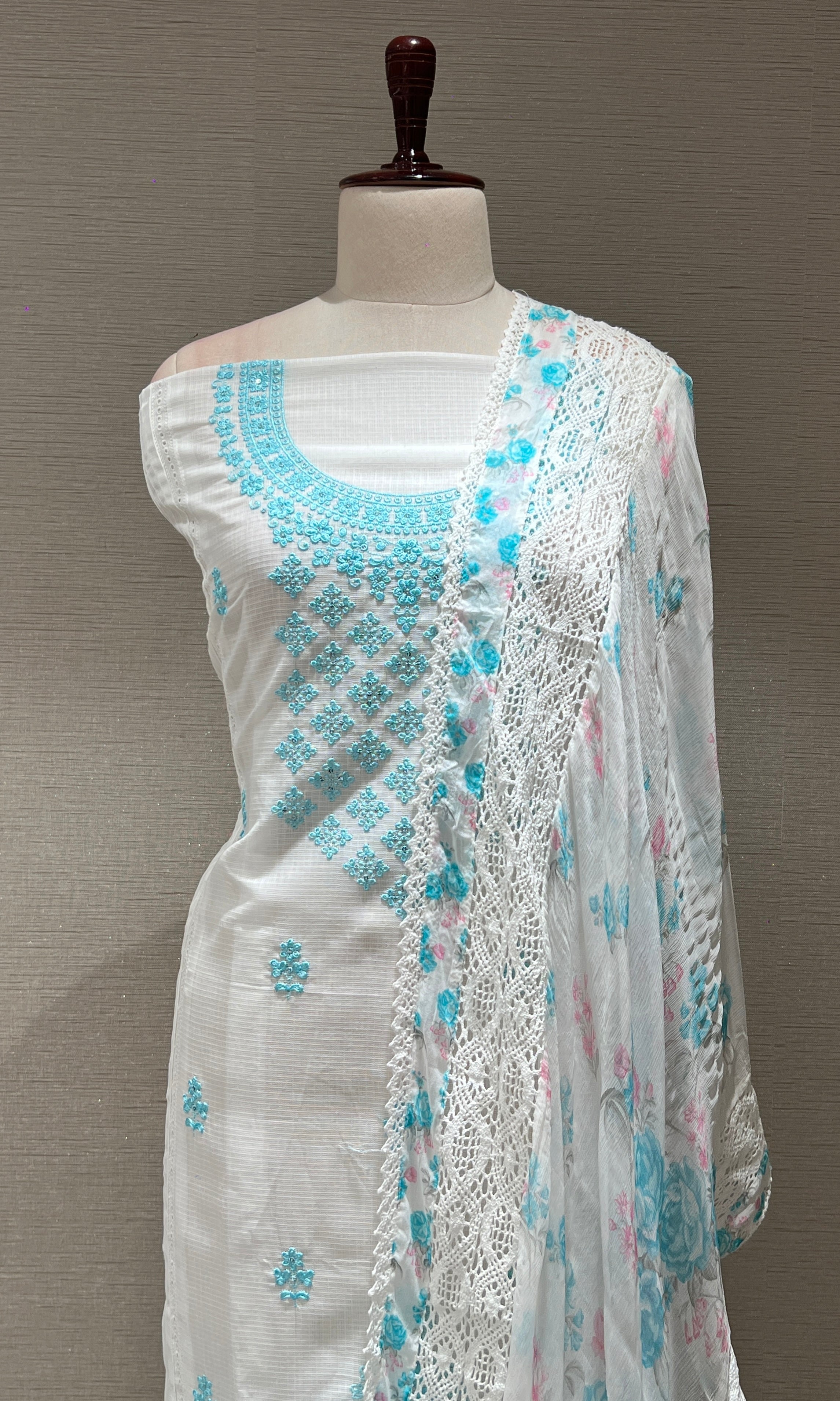 WHITE AND Blue FLORAL dress material