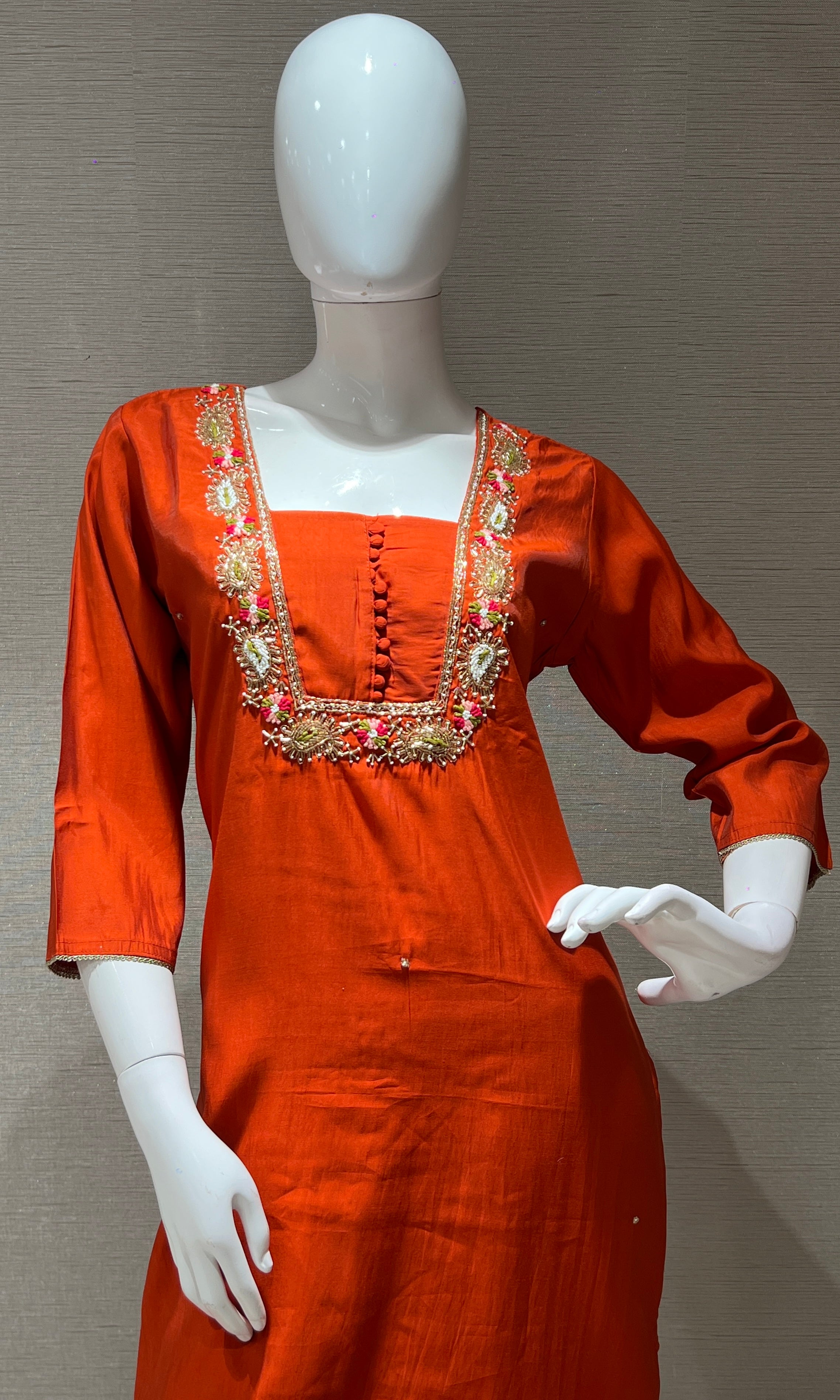 Rust orange embroidered kurti with printed dupatta