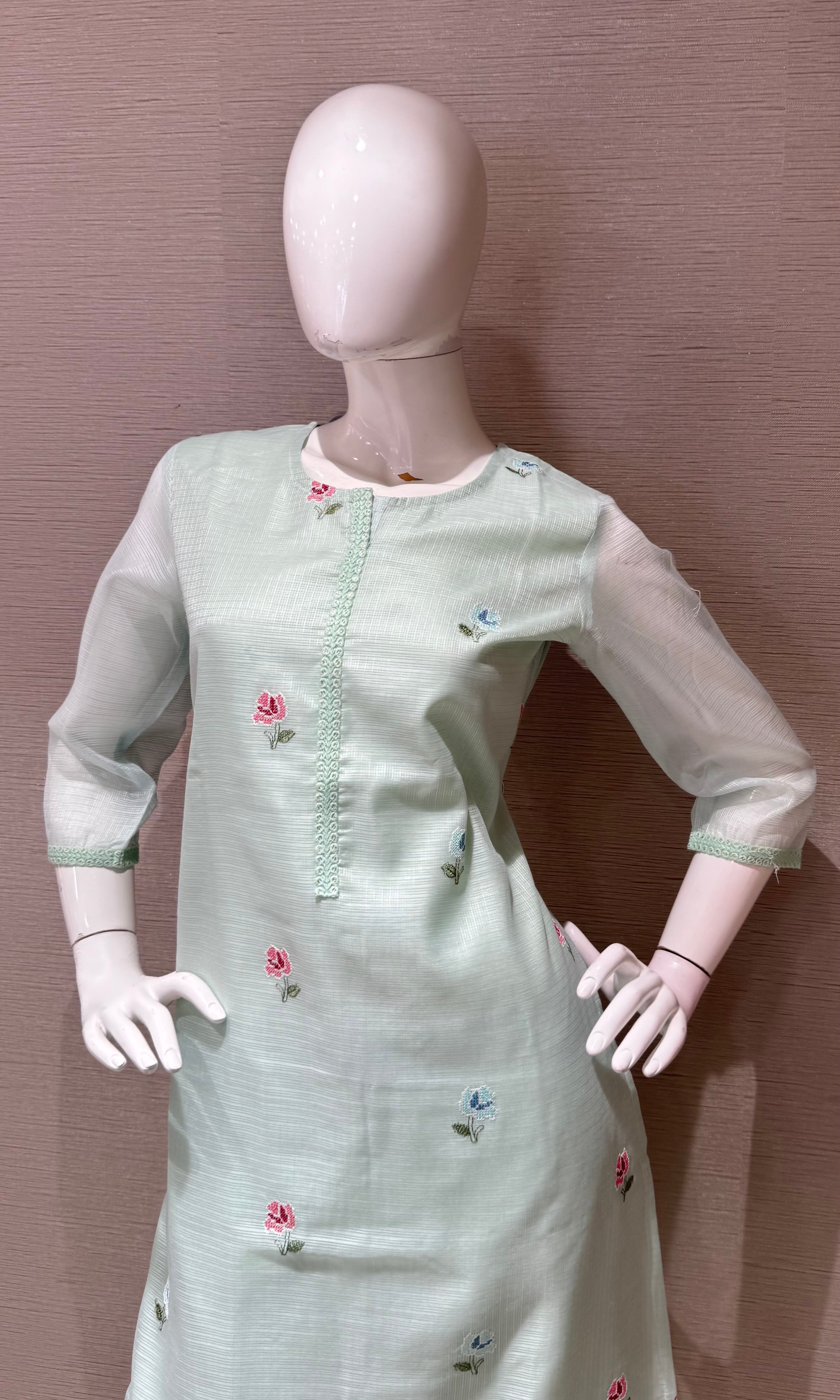 Mint Green Floral Kurta Set with Sheer Dupatta