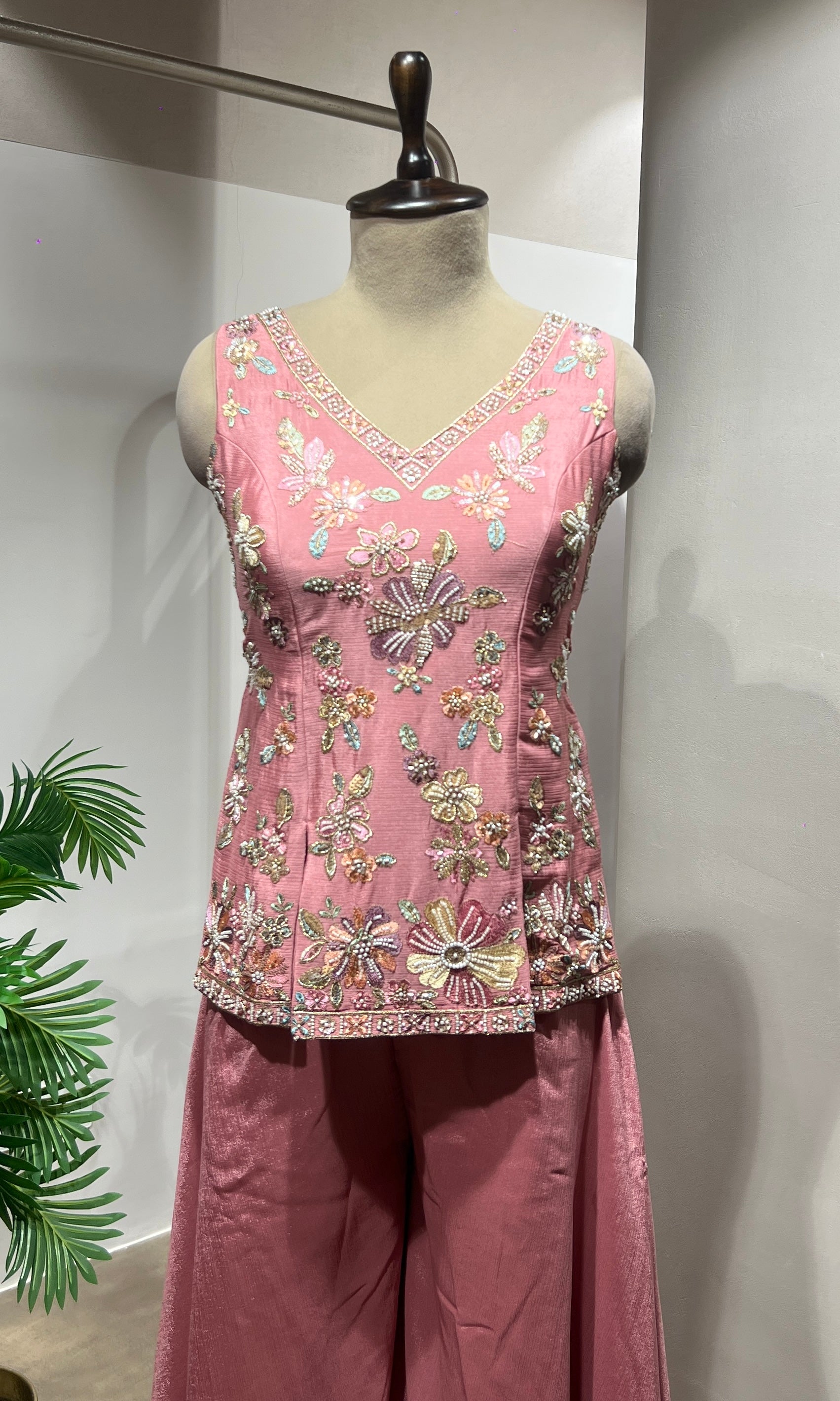 Baby Pink Floral Embroidered Palazzo Suit