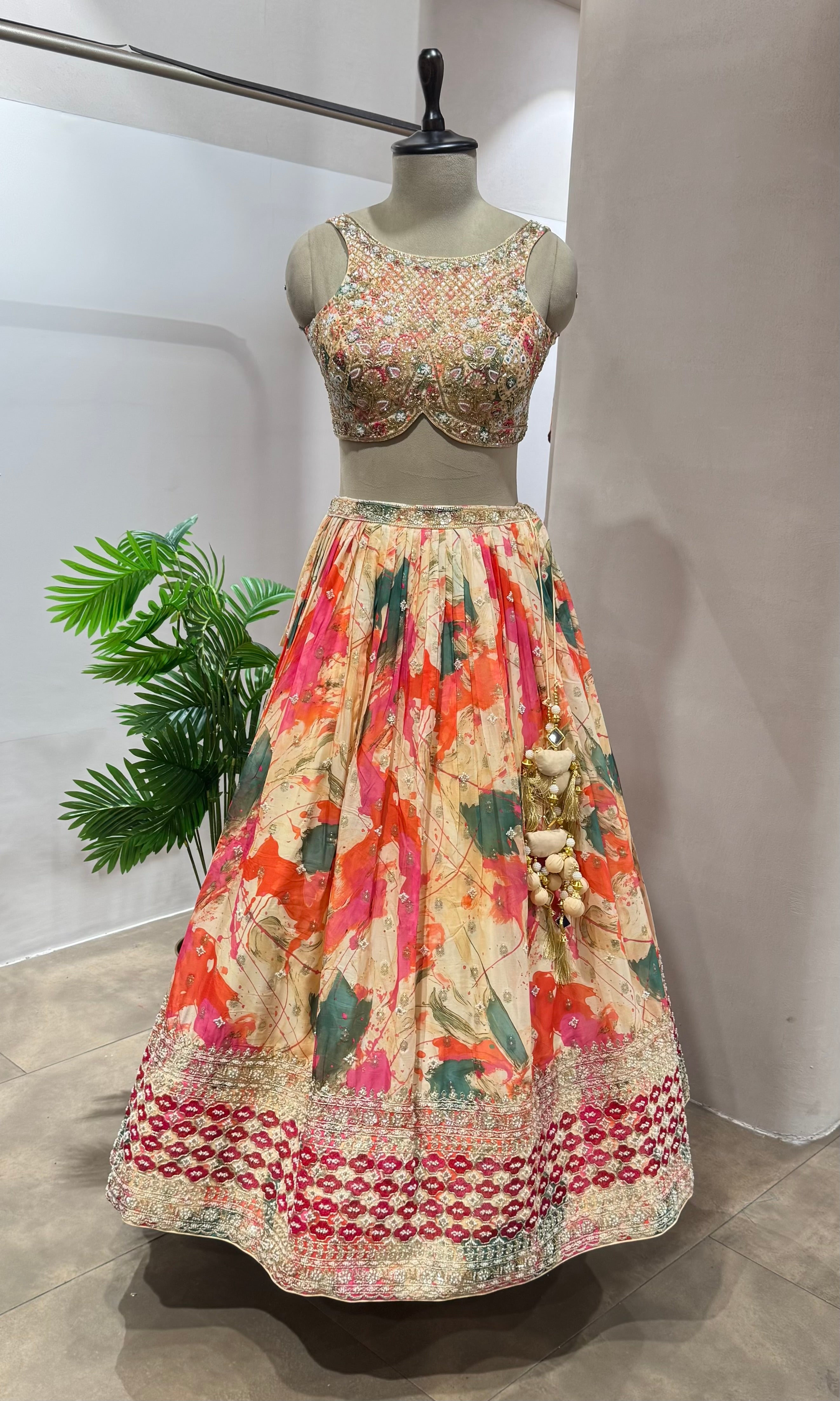 Peach FLORAL INTRICATE EMBROIDERY Lehenga