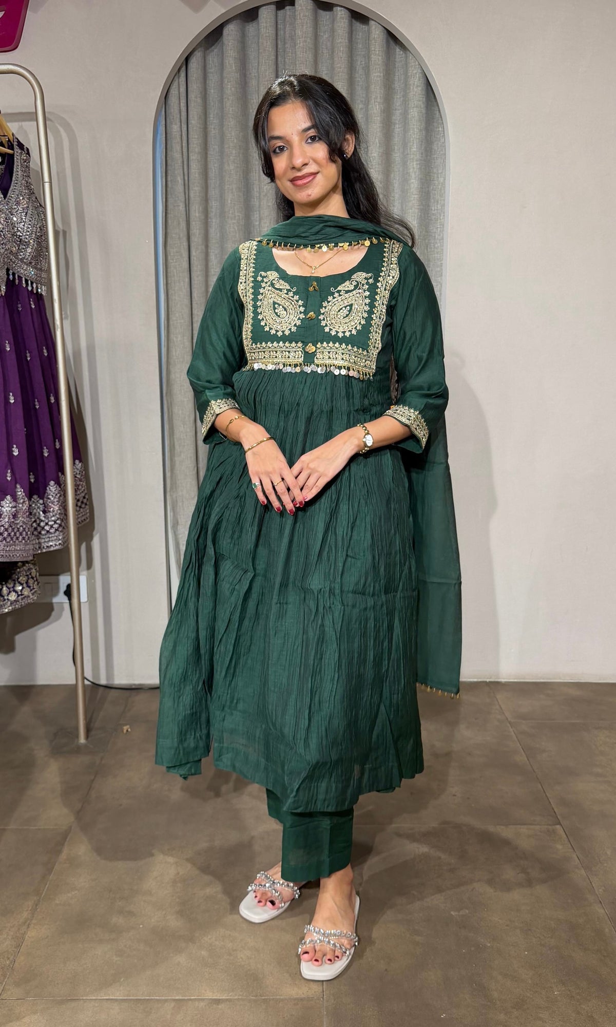 GREEN MUL CHANDERI KURTA SET WITH DUPATTA