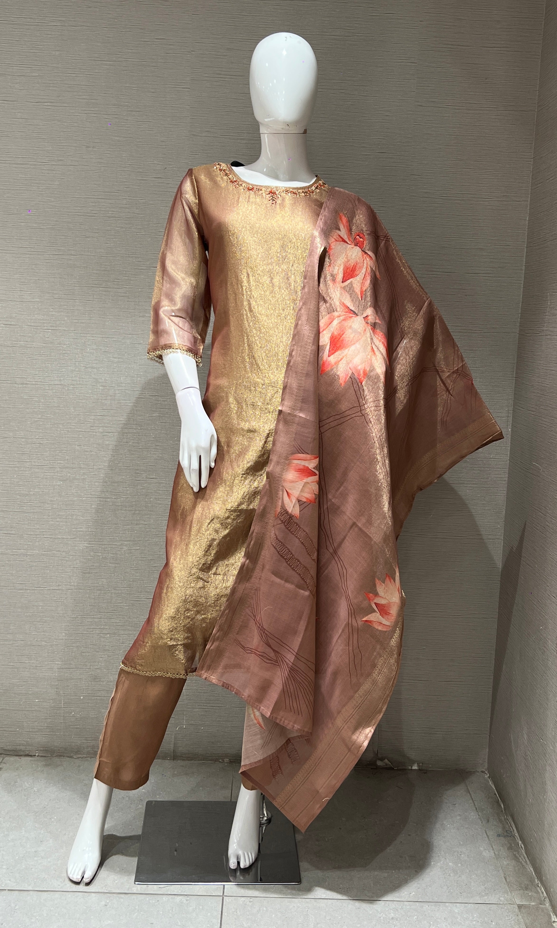LIGHT BROWN KURTA SET WITH LOTUS PRINT DUPATTA