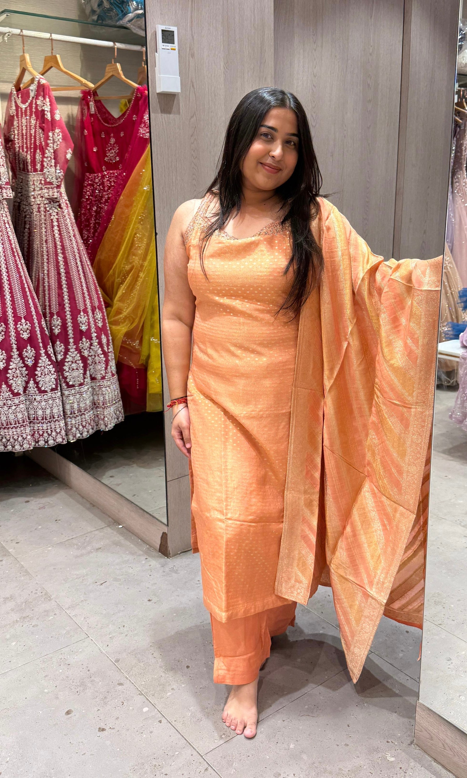 peach and gold Banarasi kurta set