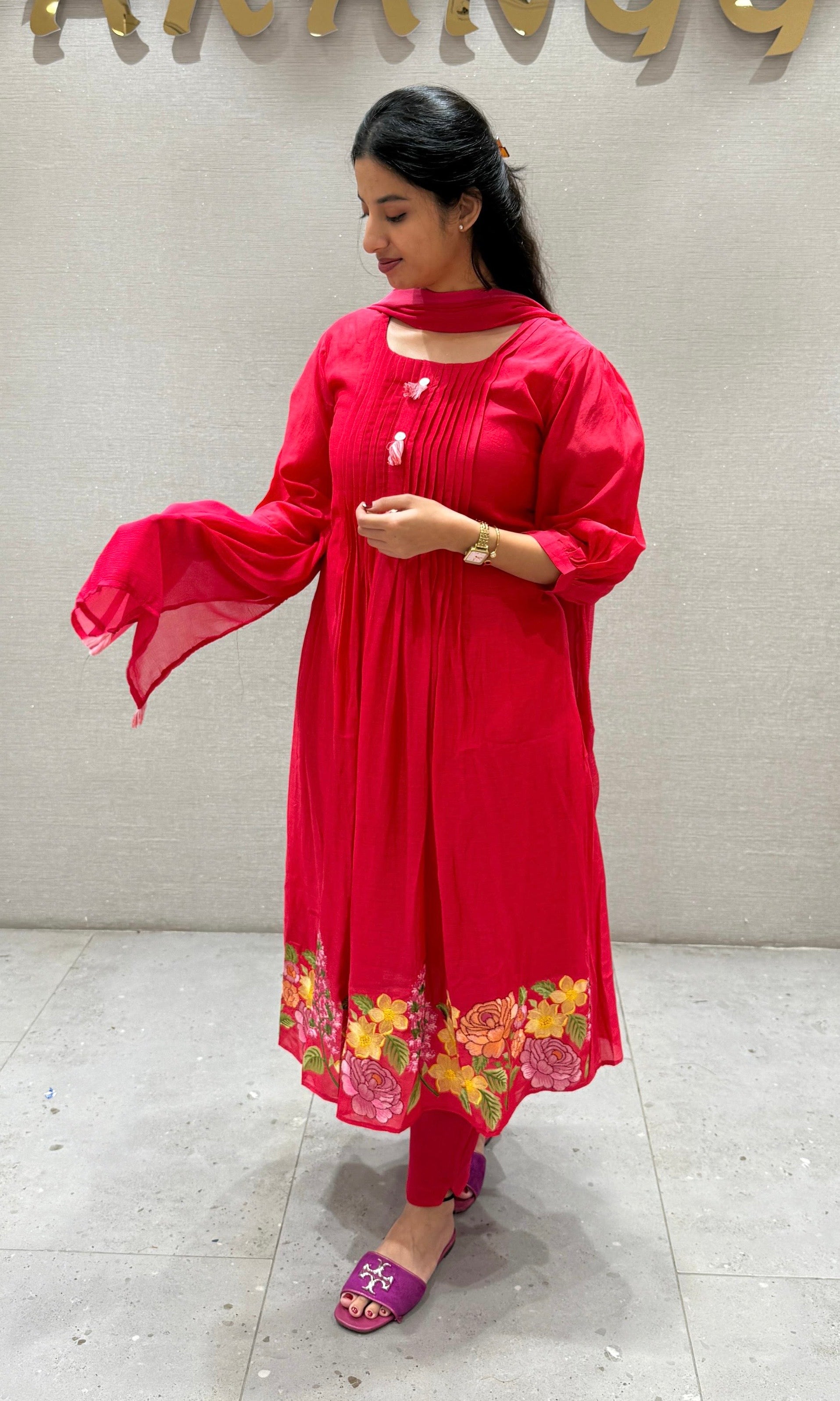 Rani pink Mul Chanderi kurta set