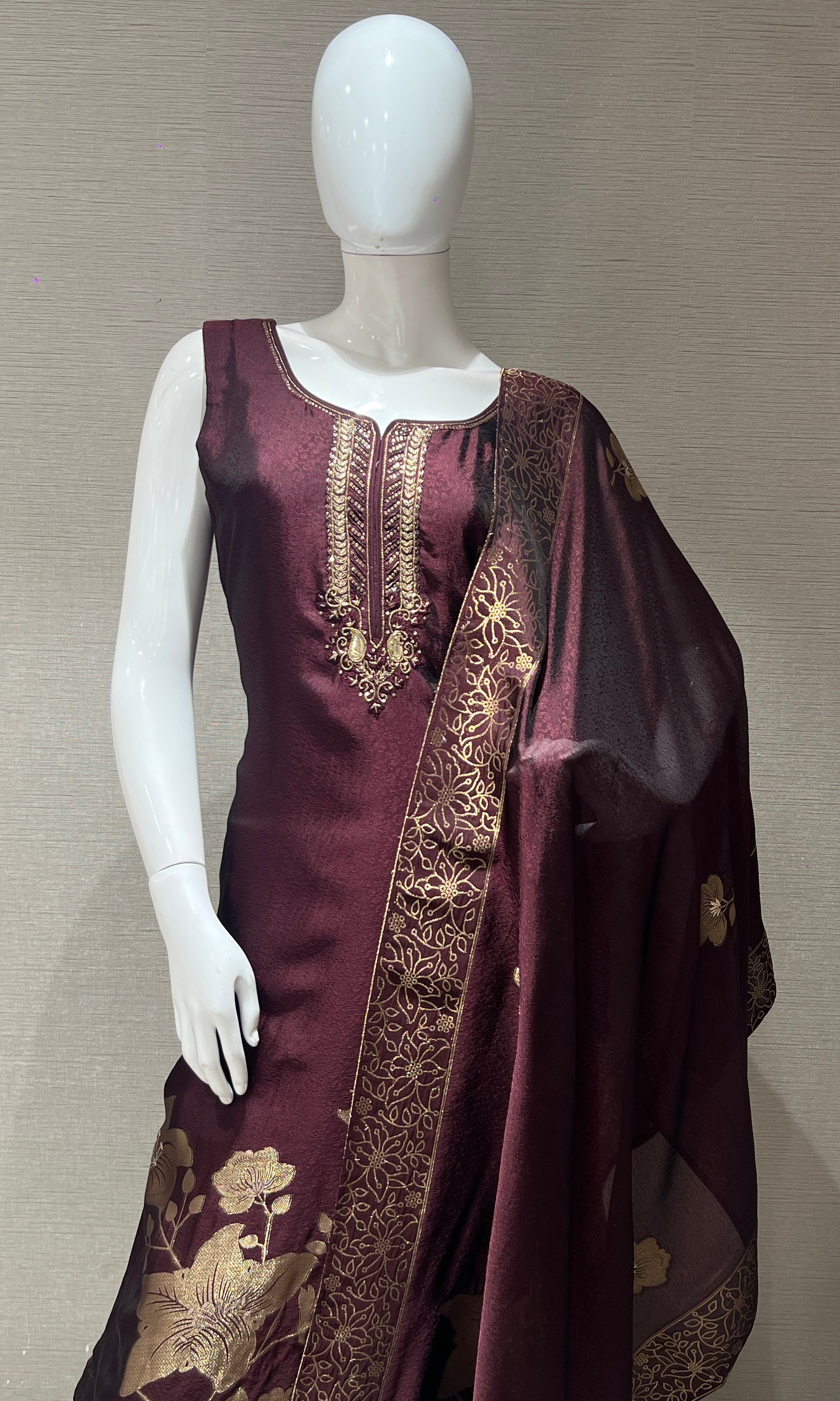 wine floral embroidered kurta set