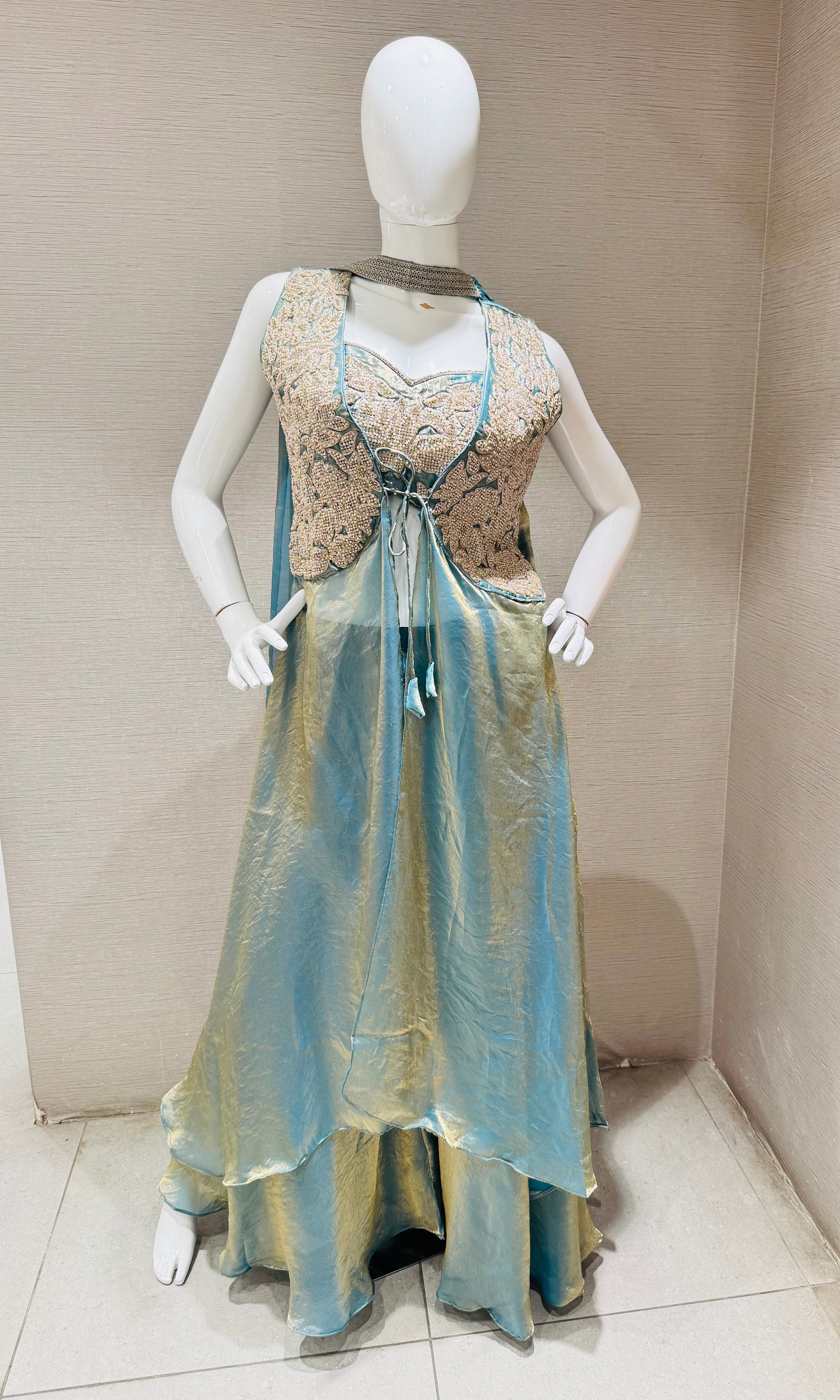 Sea Blue A-Line Shimmer Tissue Palazzo Set