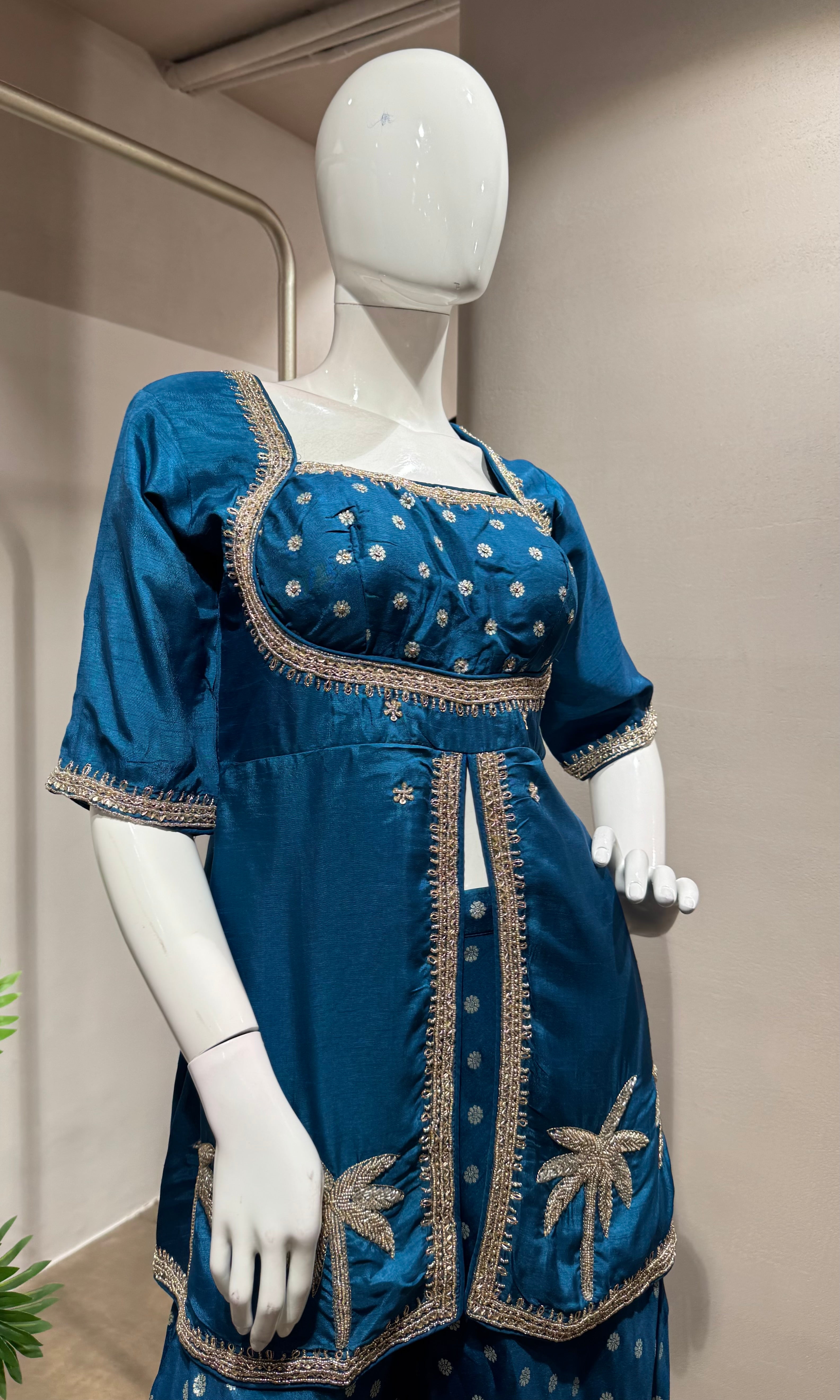 BLUE PEPLUM FRONT SLIT PALAZZO SET