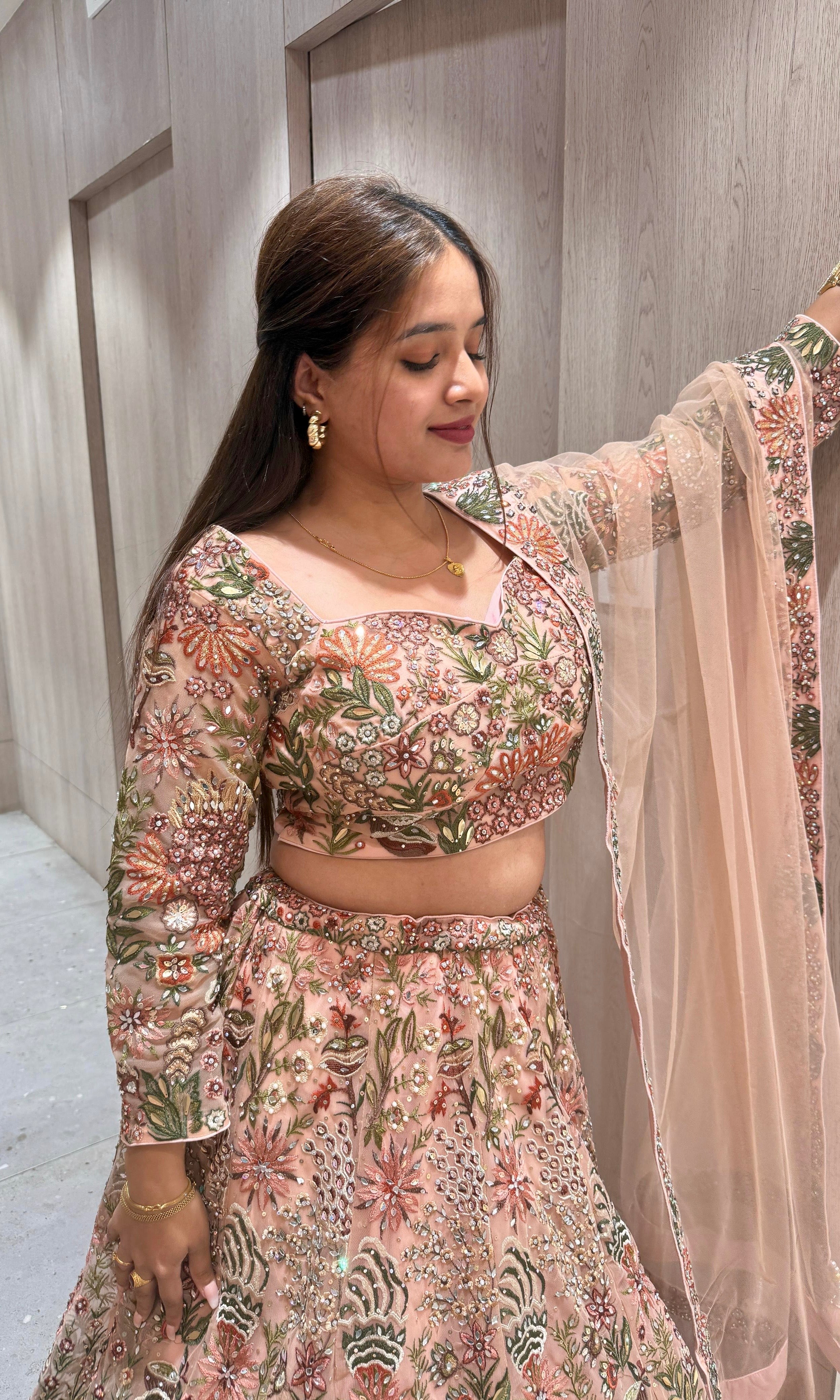 Peach Resham Multi-Thread & Floral Embroidery Lehenga Set