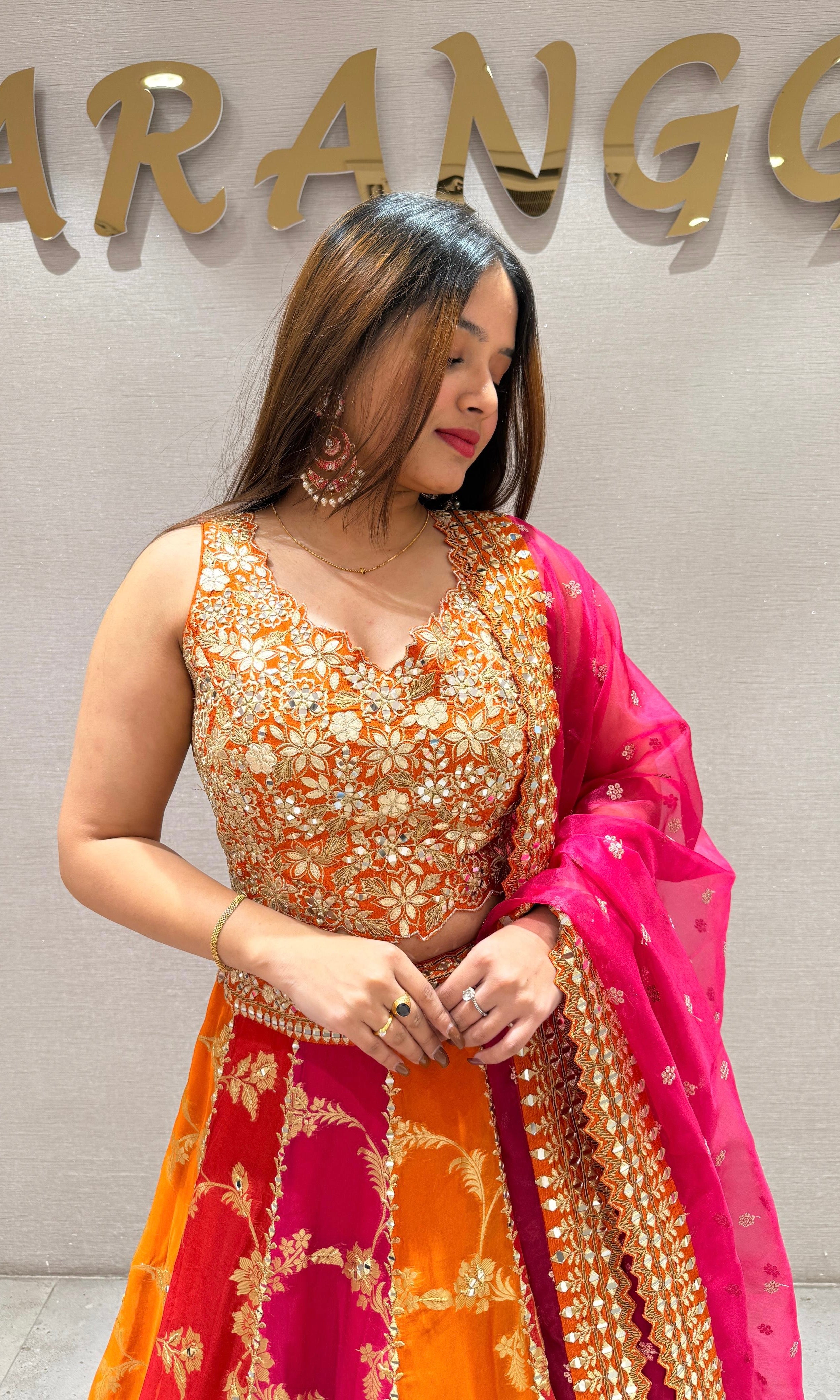 Orange and pink Banarasi Lehenga