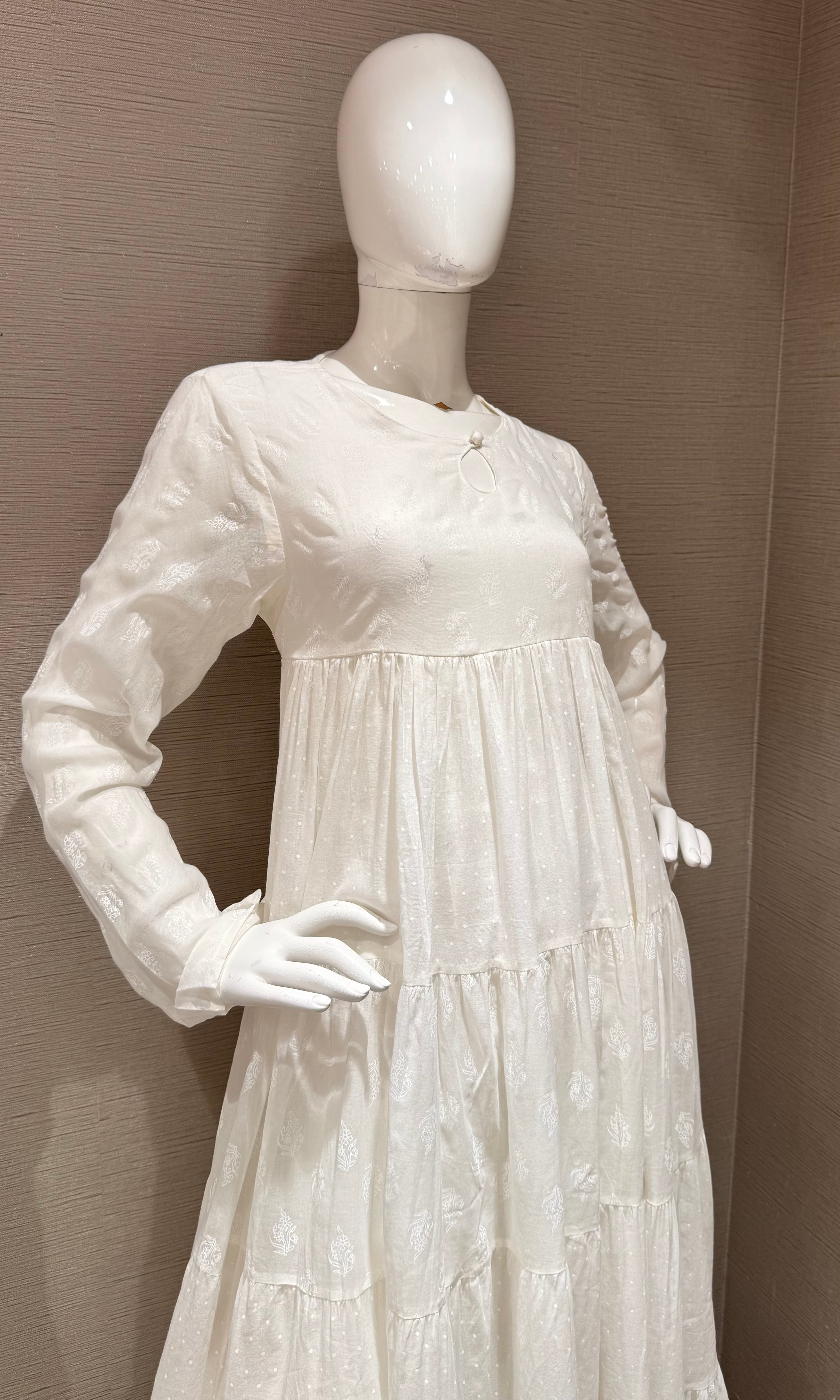 White Floral Block Print anarkali Set with Dupatta