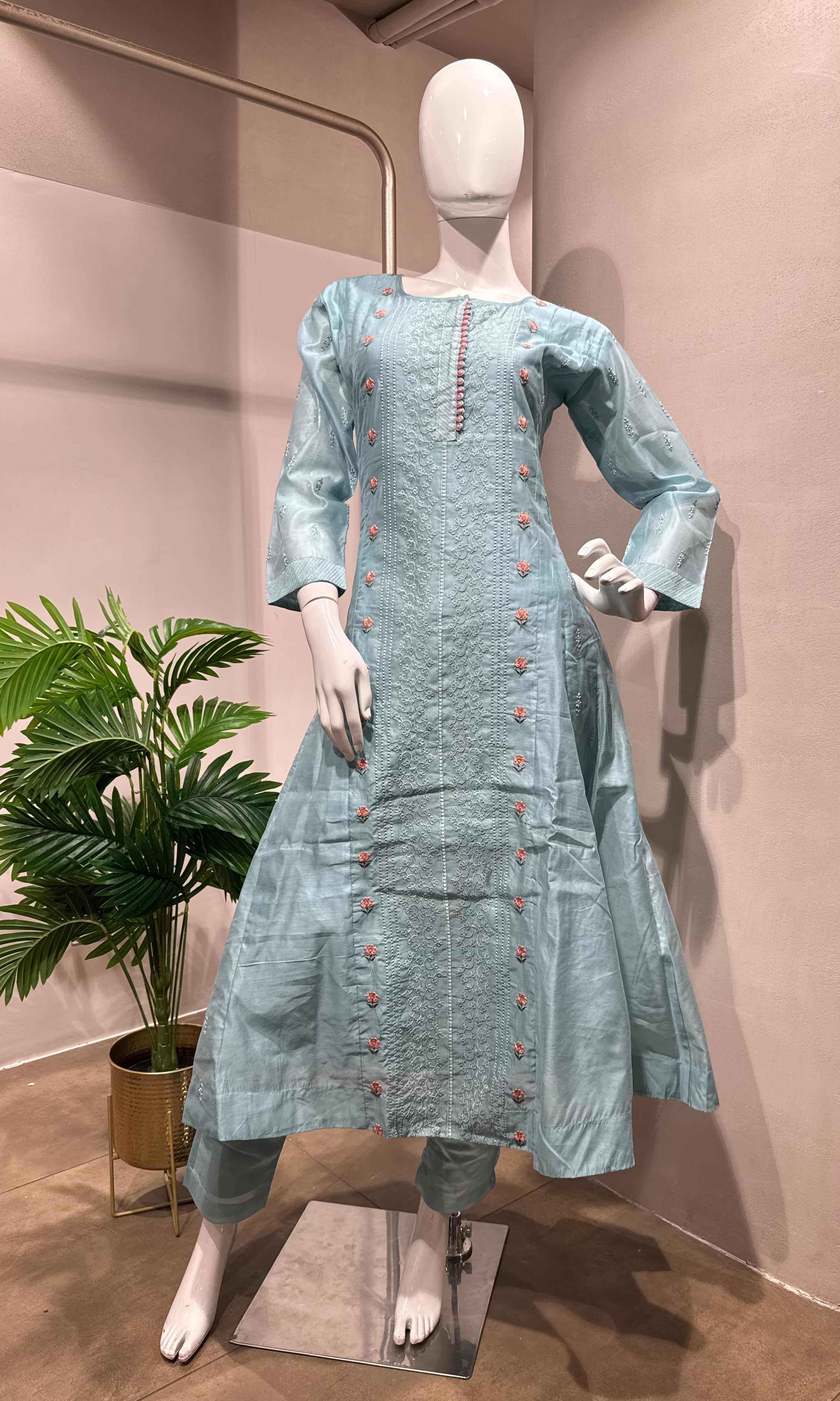 BLUE Floral Cotton Kurta set with dupatta