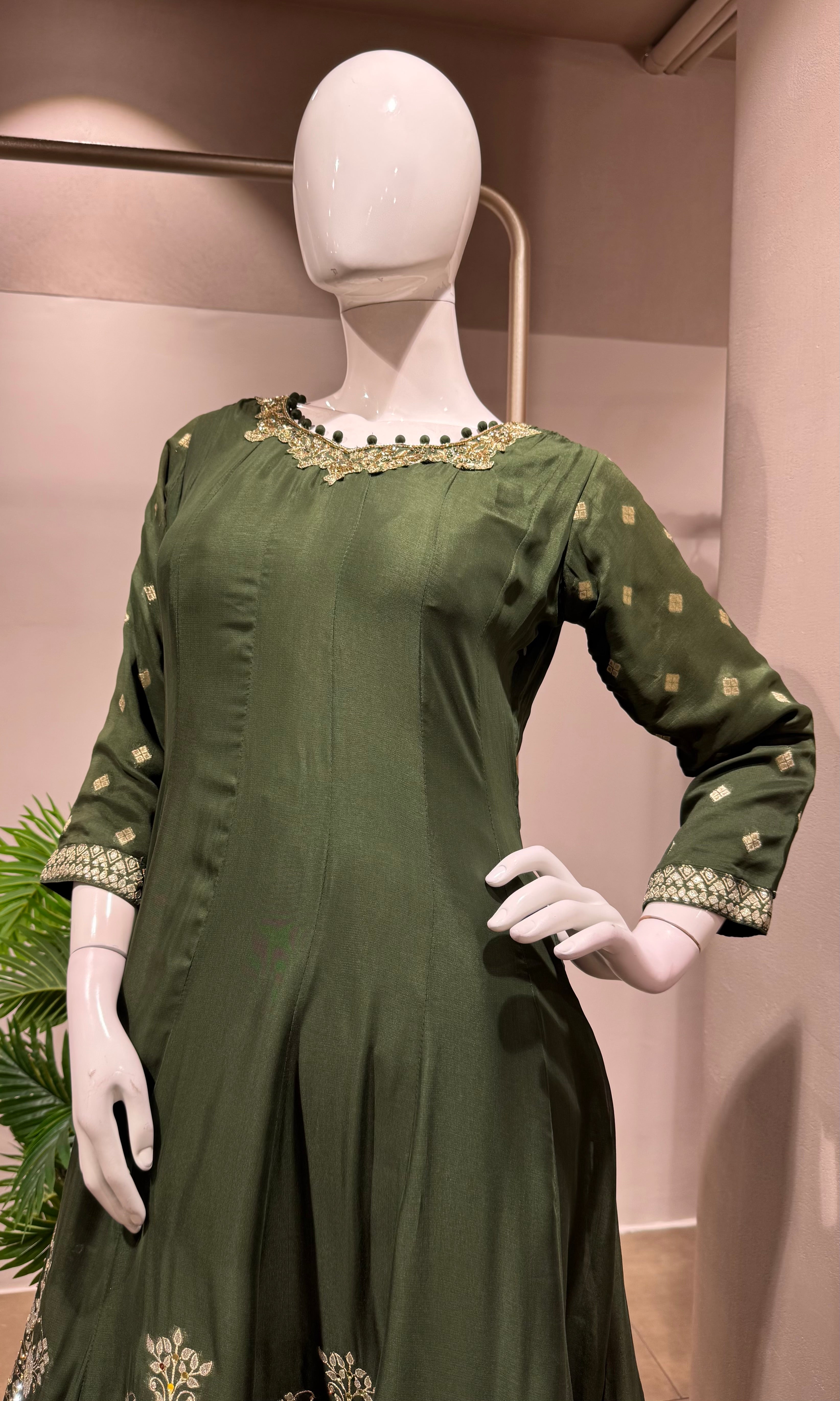 BOTTLE GREEN ANARKALI WITH Palazzo PANTS