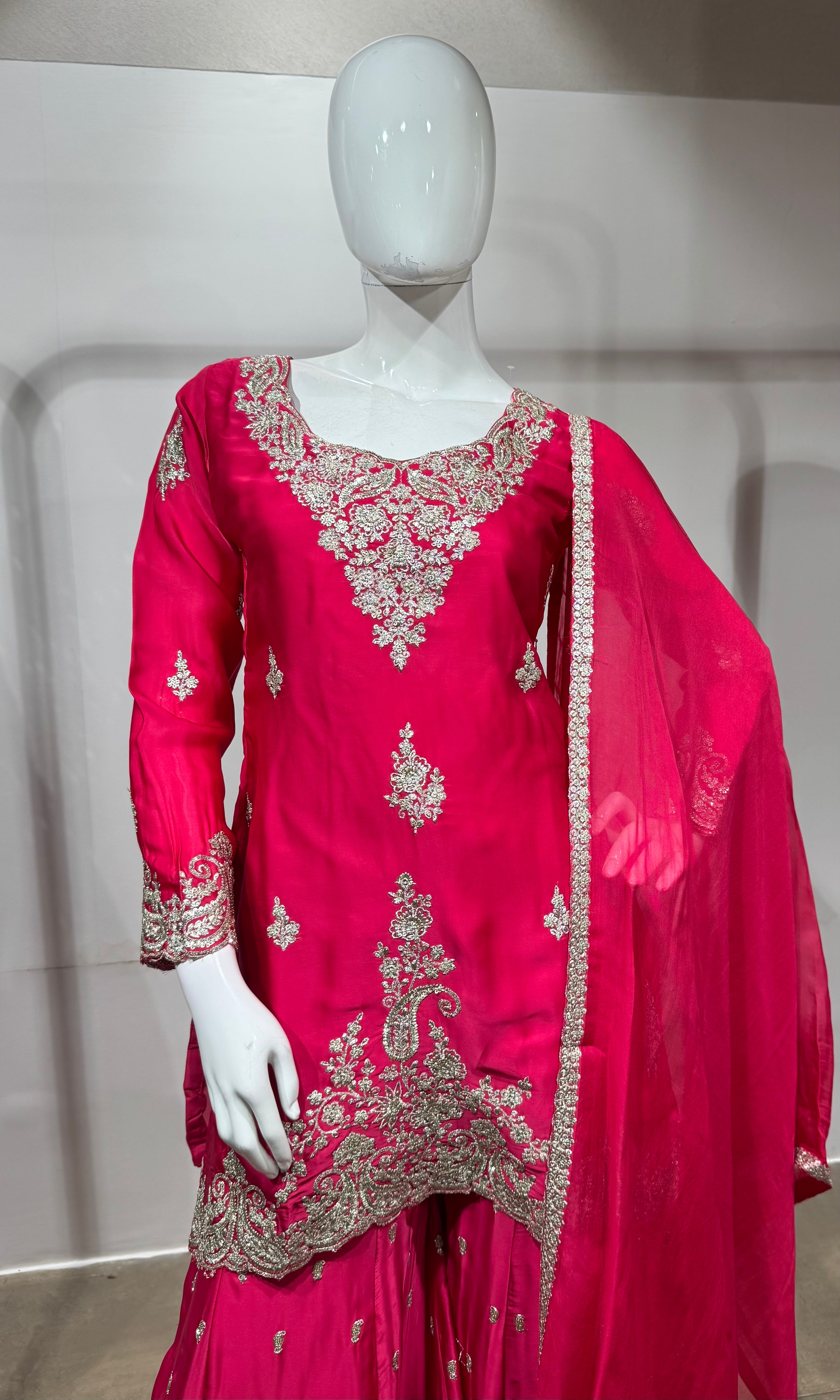 Rani Pink Silk Embroidered Sharara Set