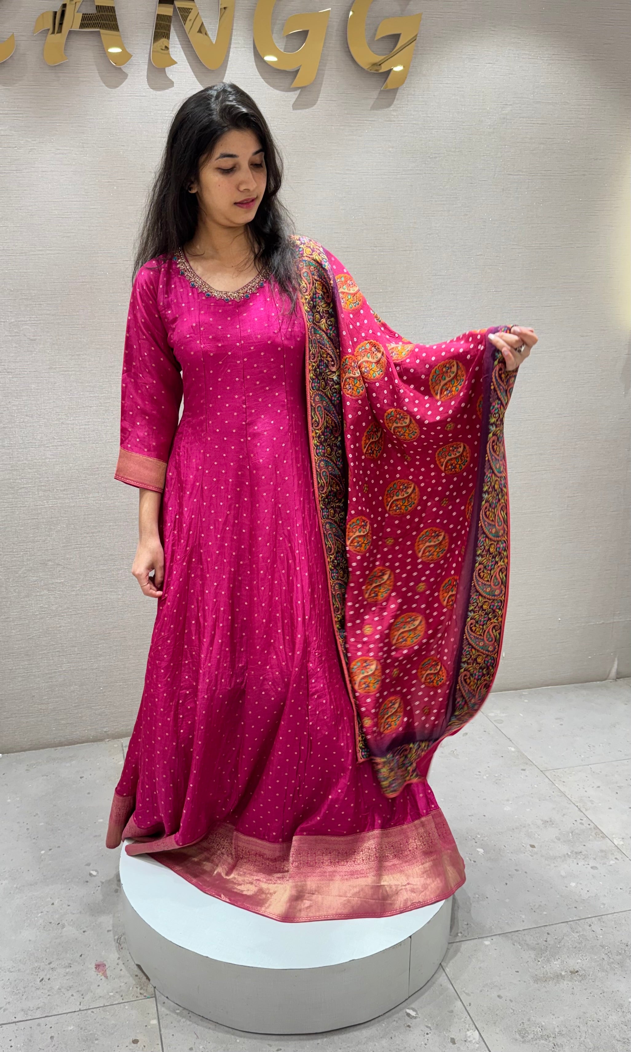 Pink ANARKALI SET WITH PRINTED DUPATTA