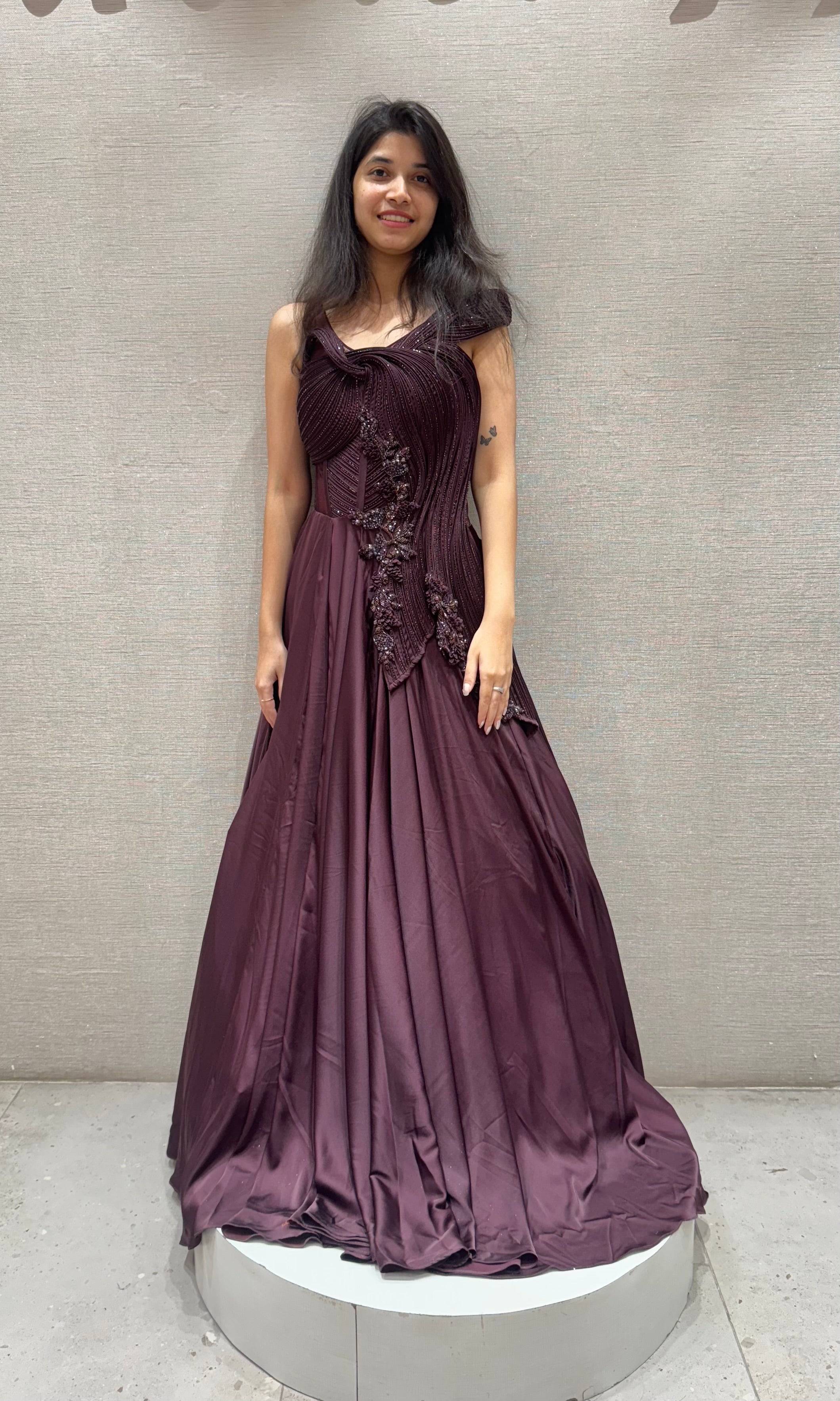 Wine FLORAL EMBELLISHED GOWN
