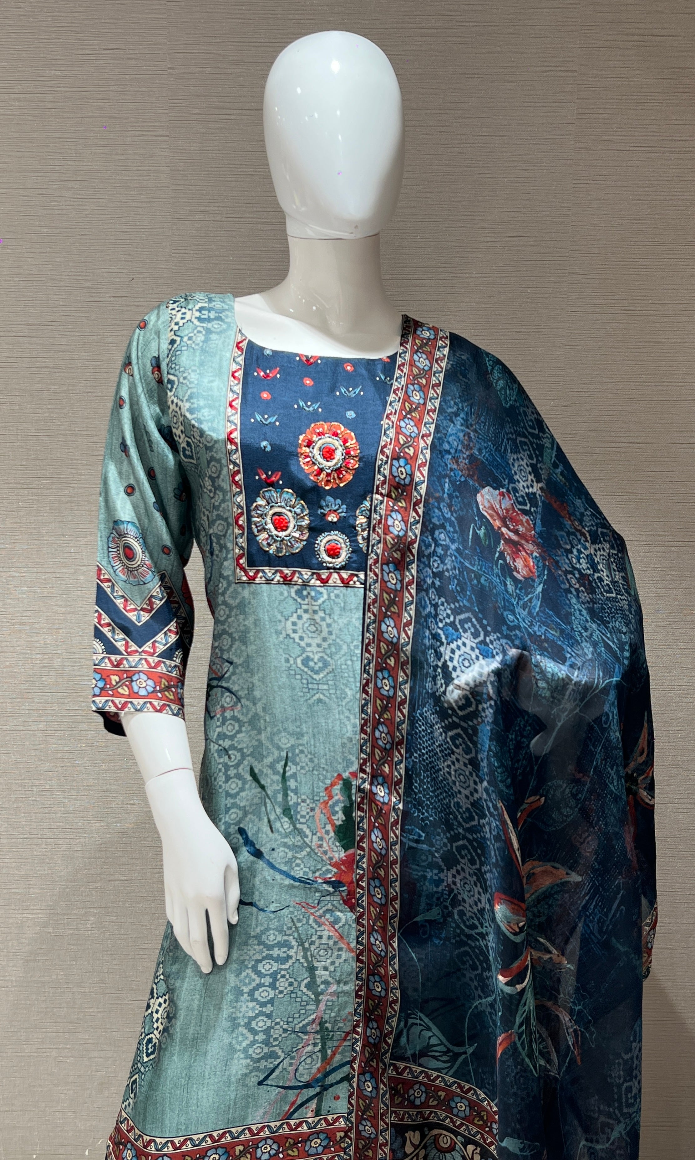 blue and sea green tussar silk kurta set