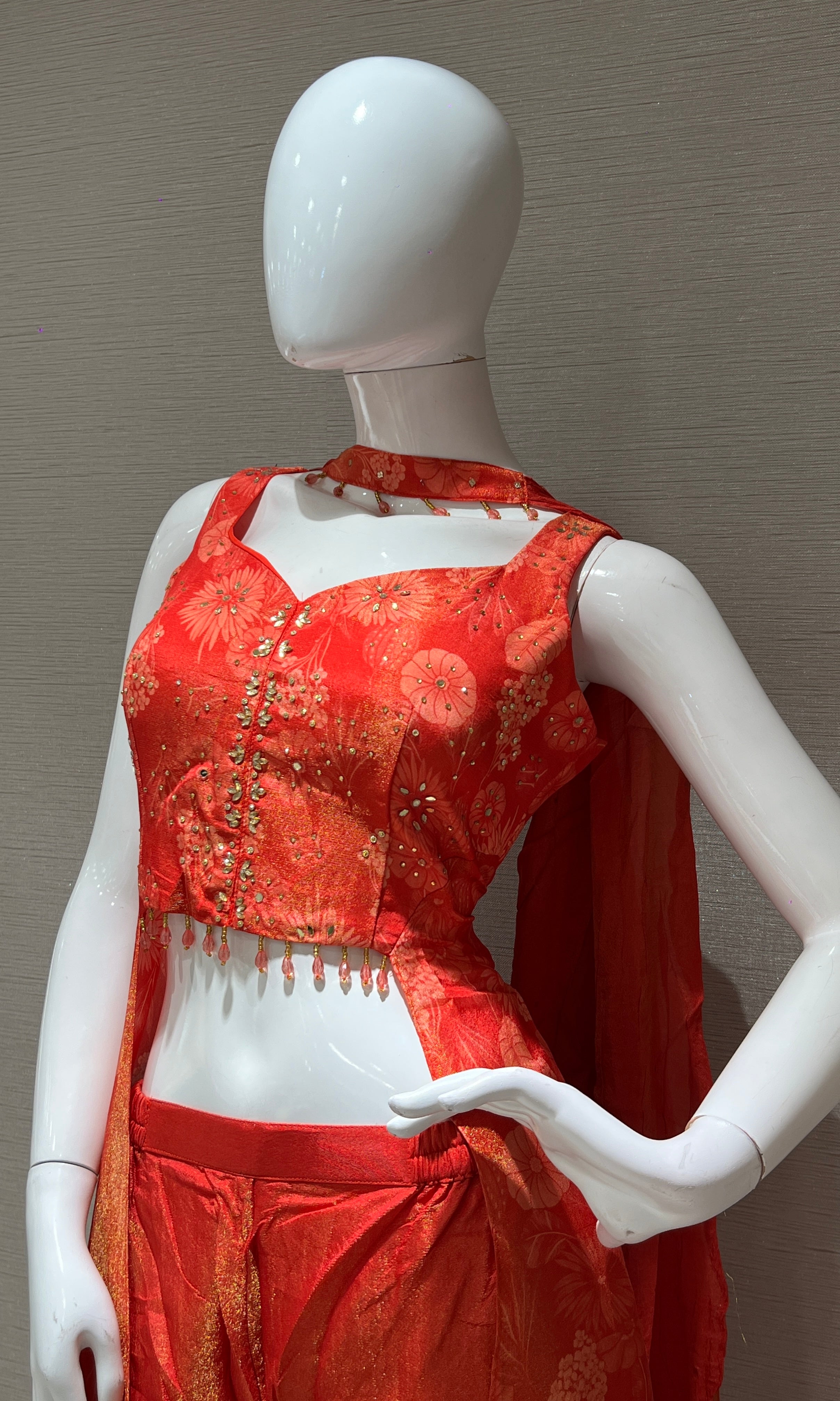 Orange floral print tissue indo western set