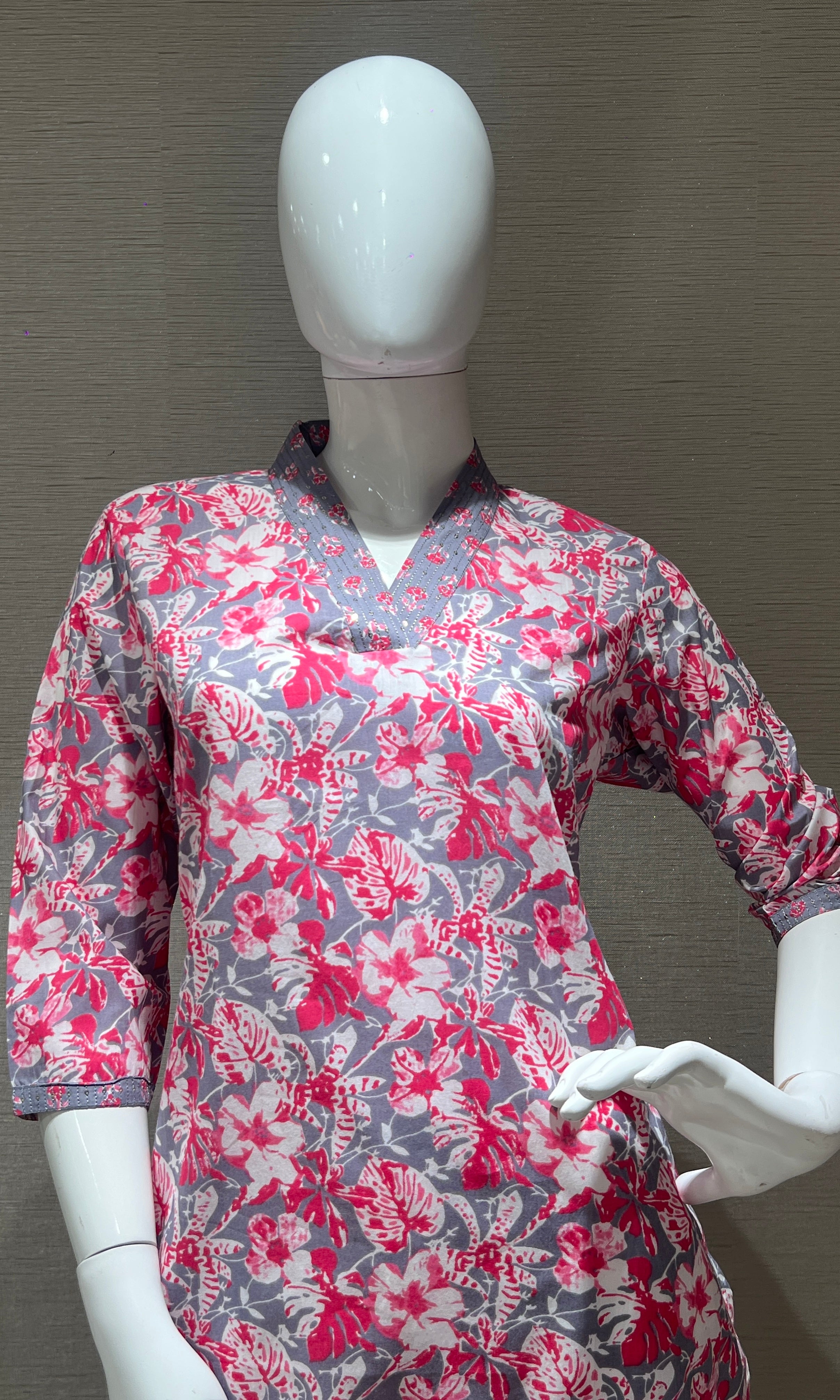 Pink and Grey Floral Printed Kurti top