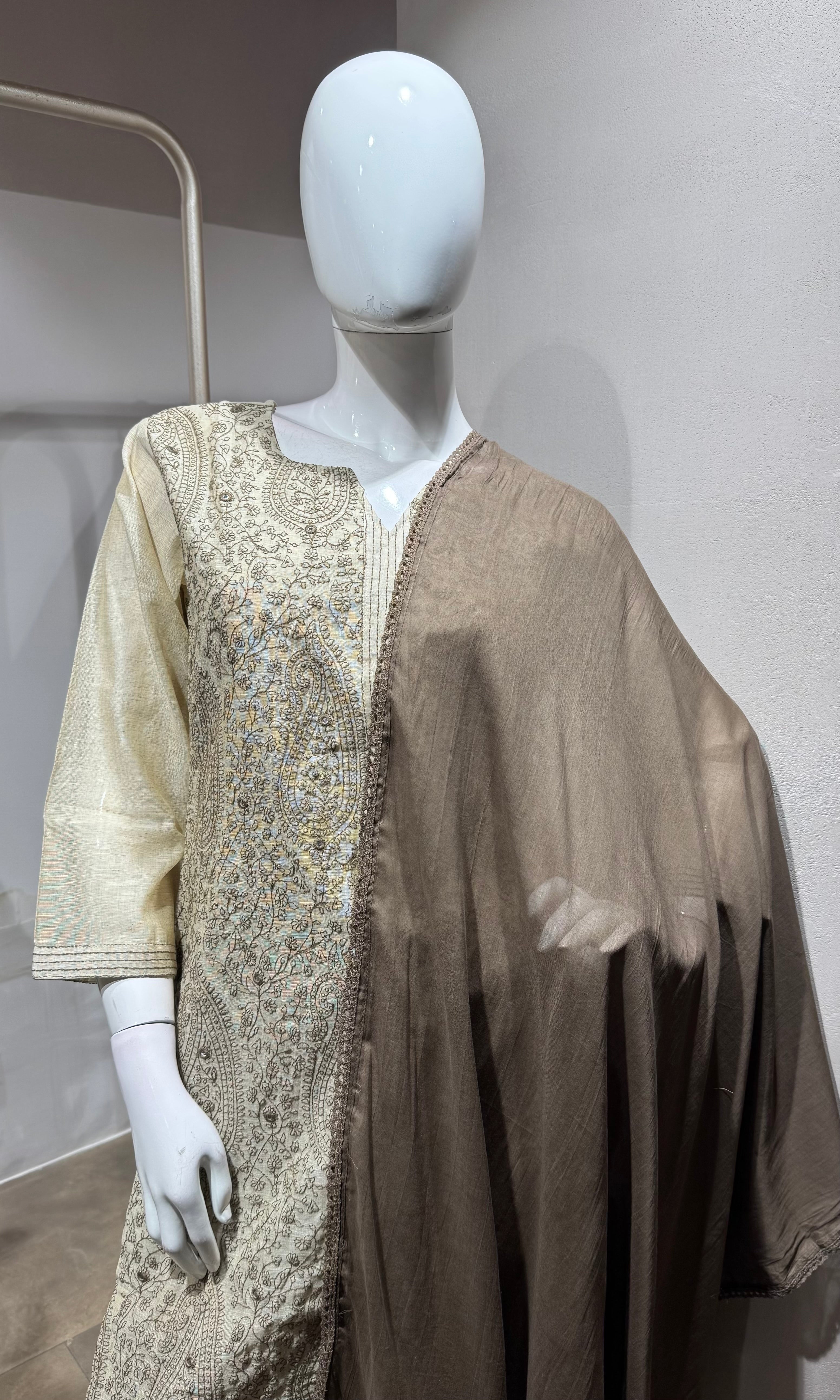 Beige Embroidered Kurta Set with Contrasting Dupatta