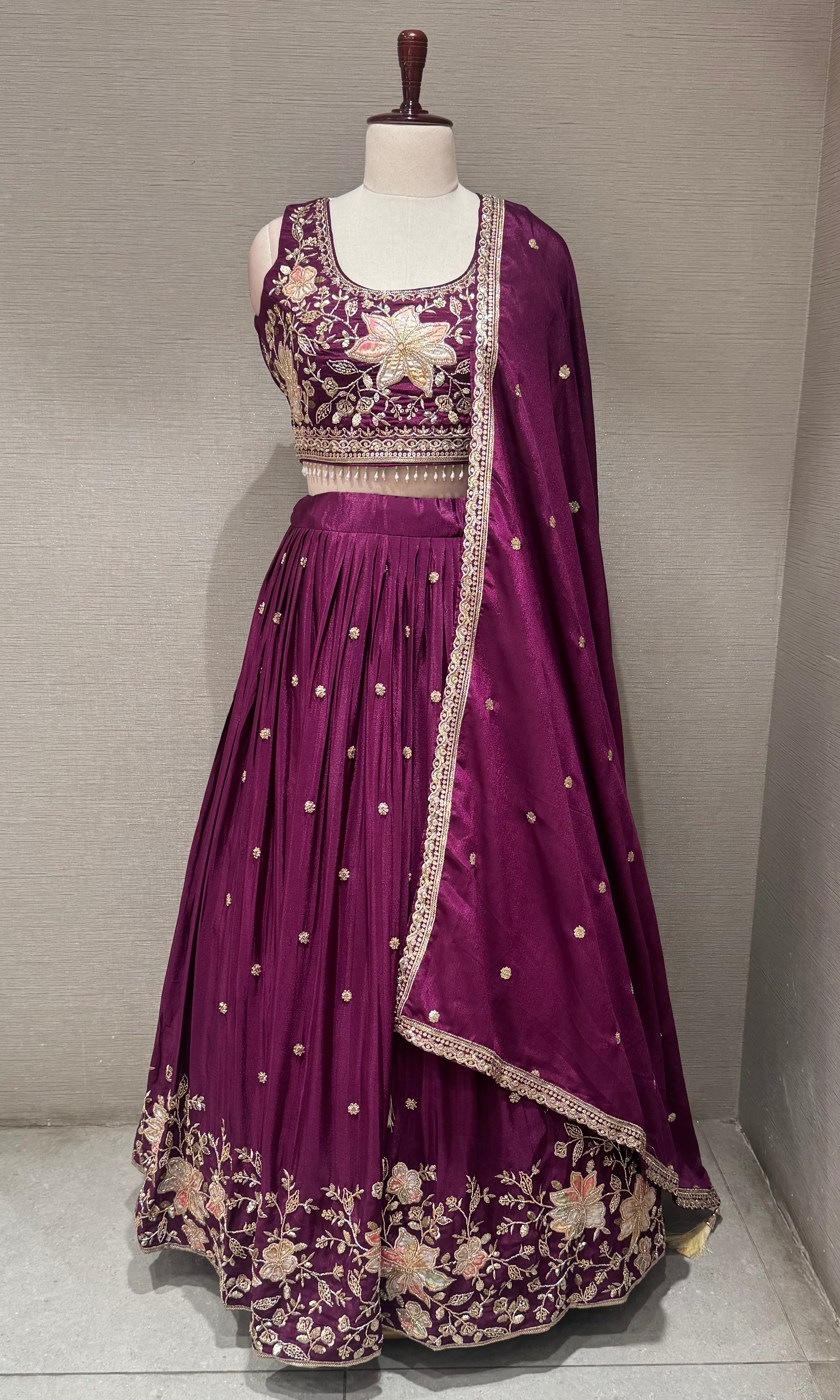 Wine Tissue silk Floral embroidered lehenga set