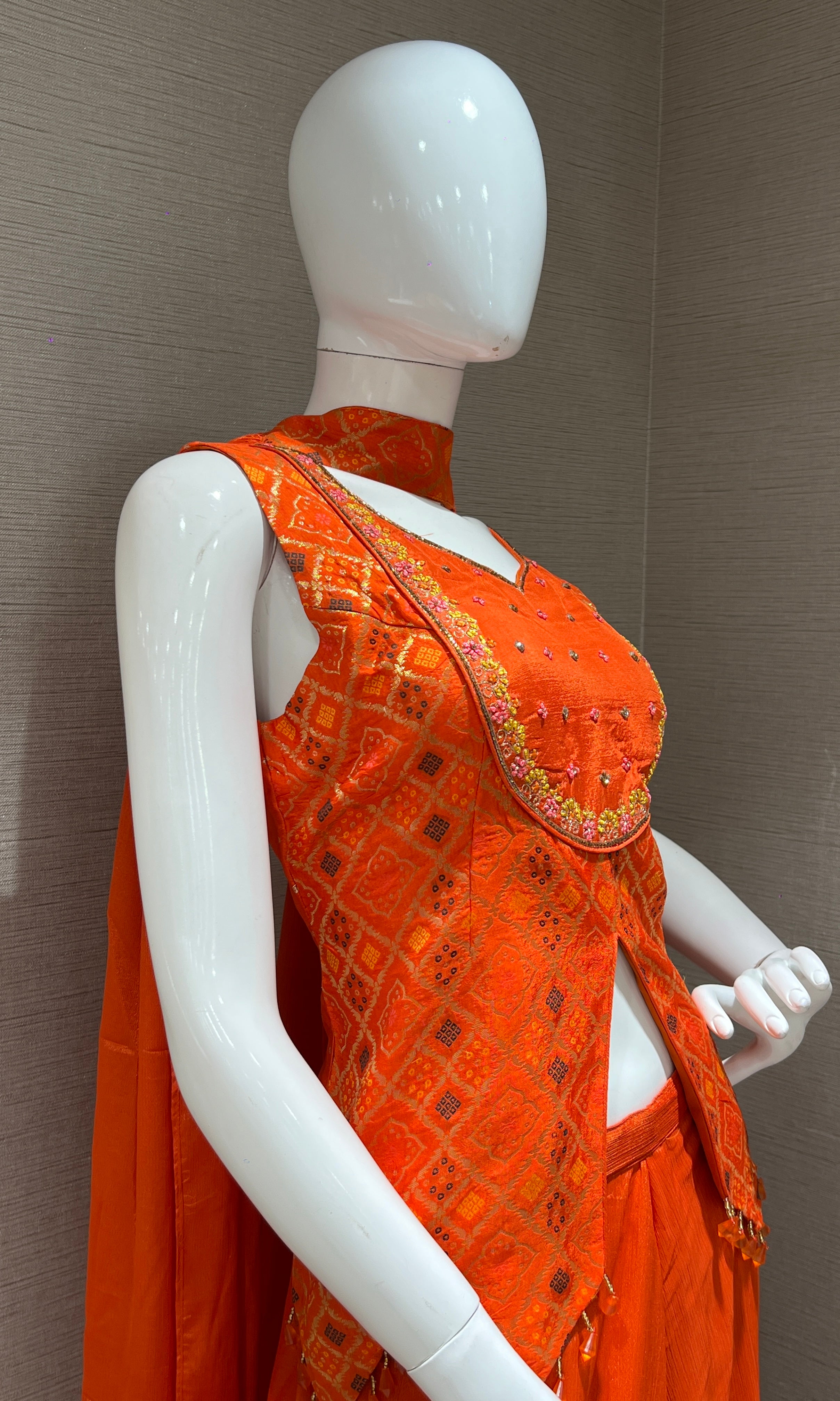 Orange shimmer tissue palazzo with designer top