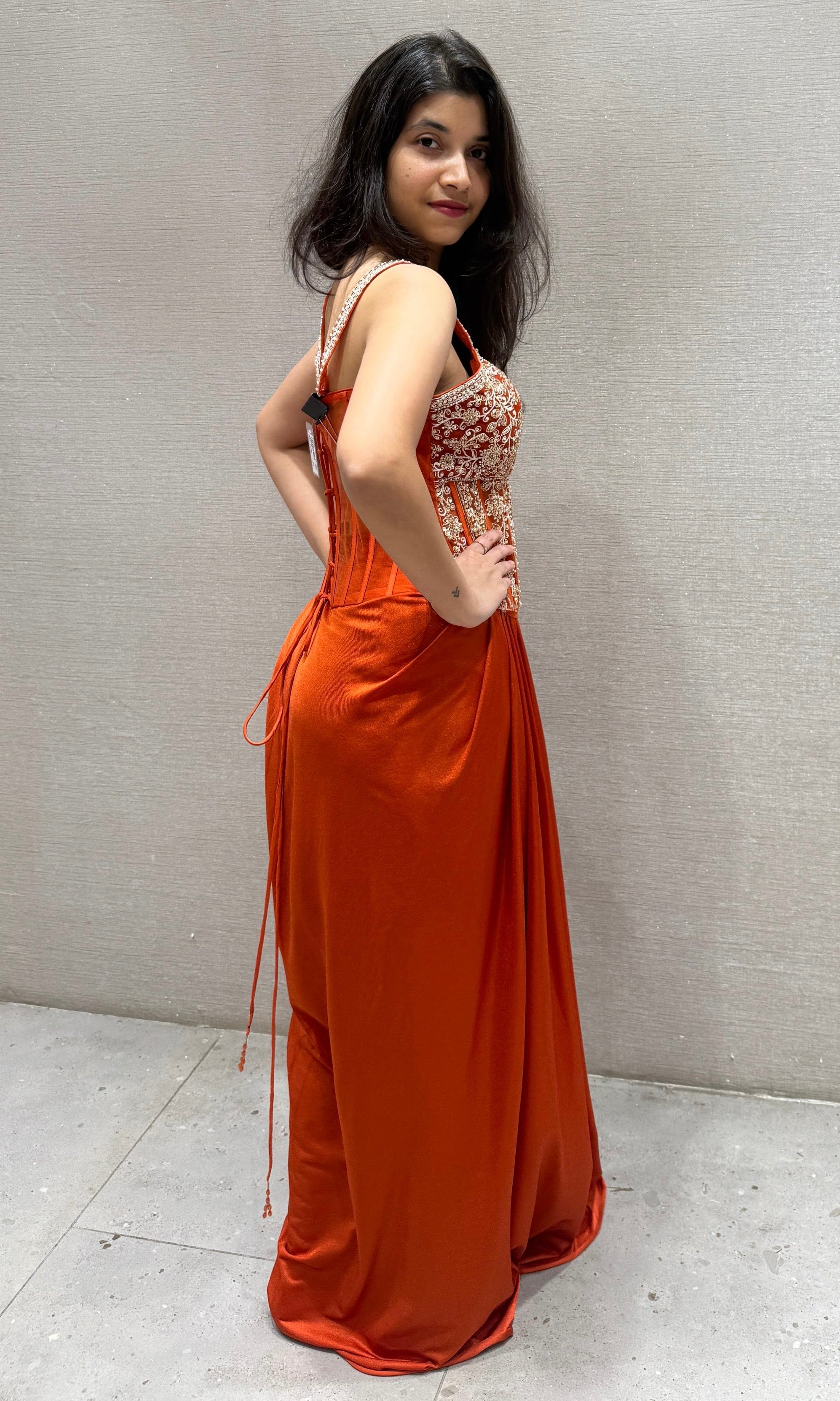 ORANGE 3 PIECE INDO WESTERN DRESS WITH SHRUG