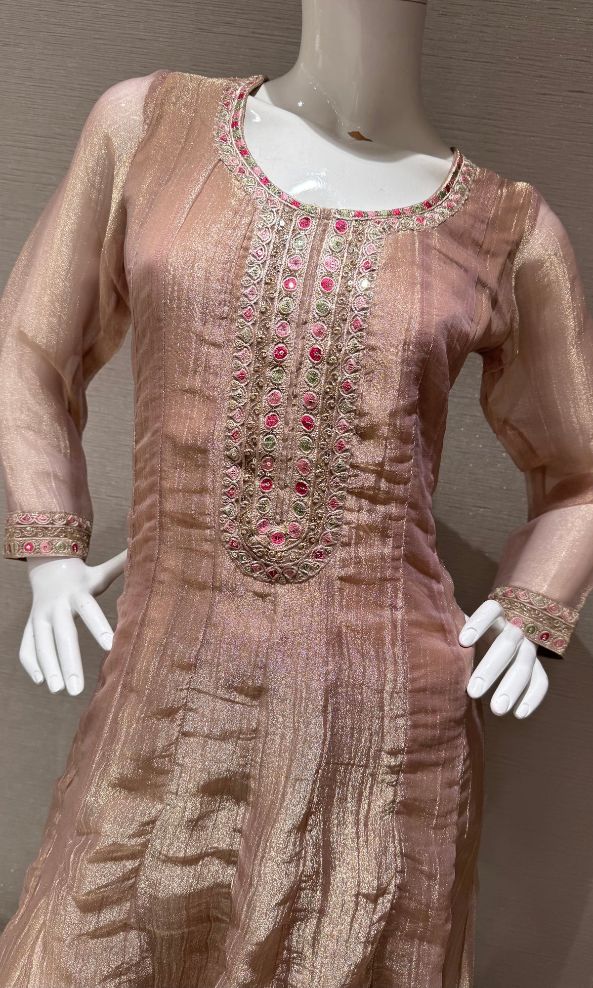 PEACH EMBROIDERED TISSUE ANARKALI SET WITH FLORAL DUPATTA
