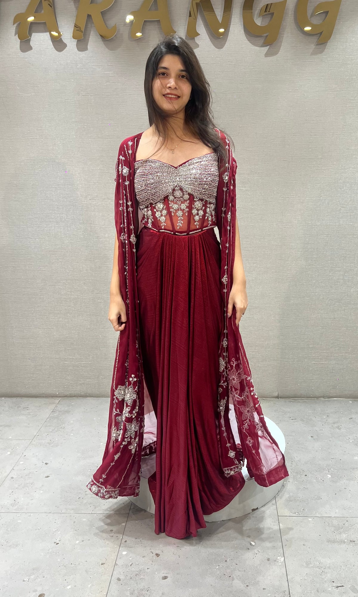 Maroon Deep Embroidered Cape Skirt