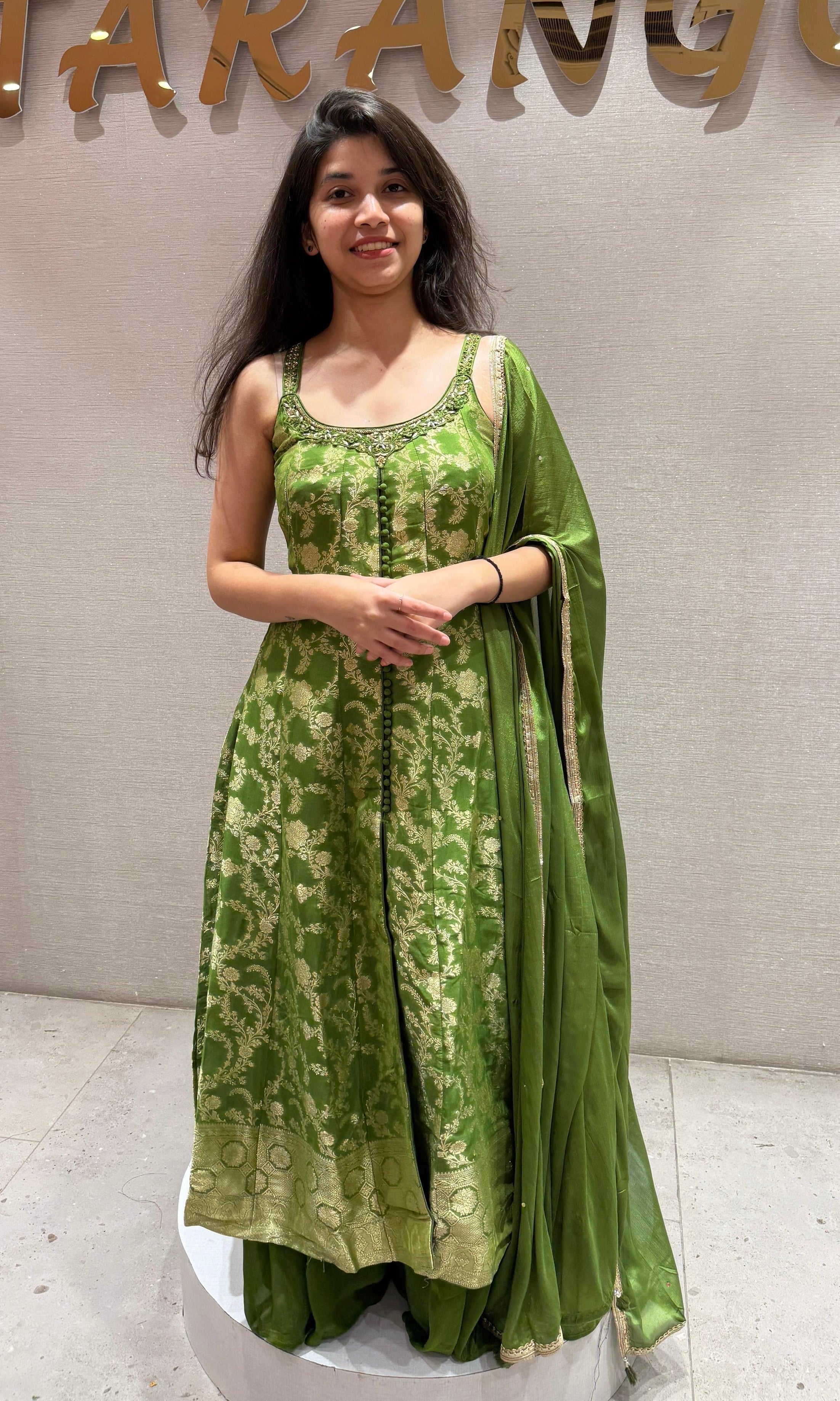 Green Banarasi Front Slit Anarkali