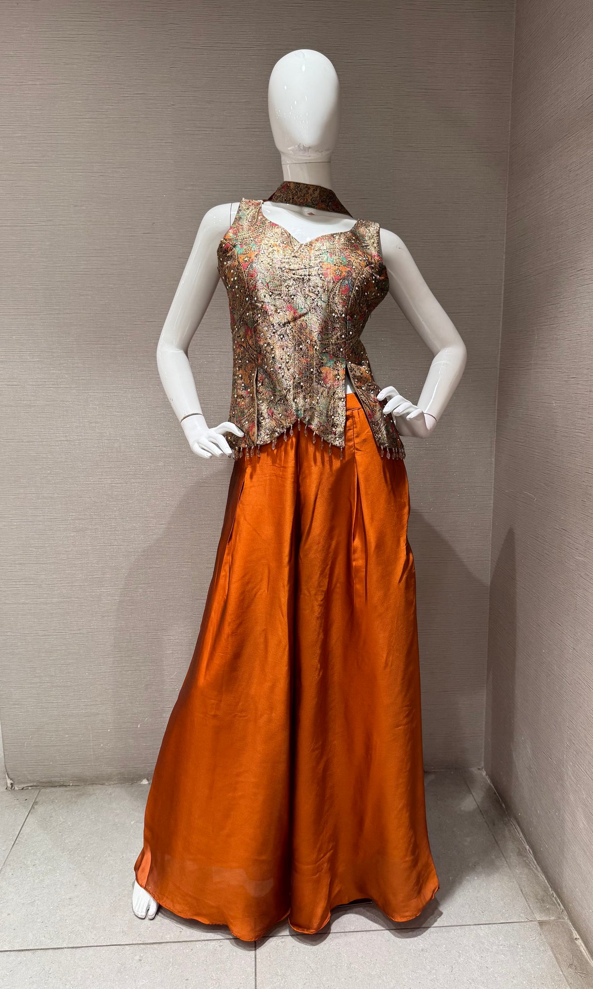 RUST Orange Silk Embroidered peplum palazzo set
