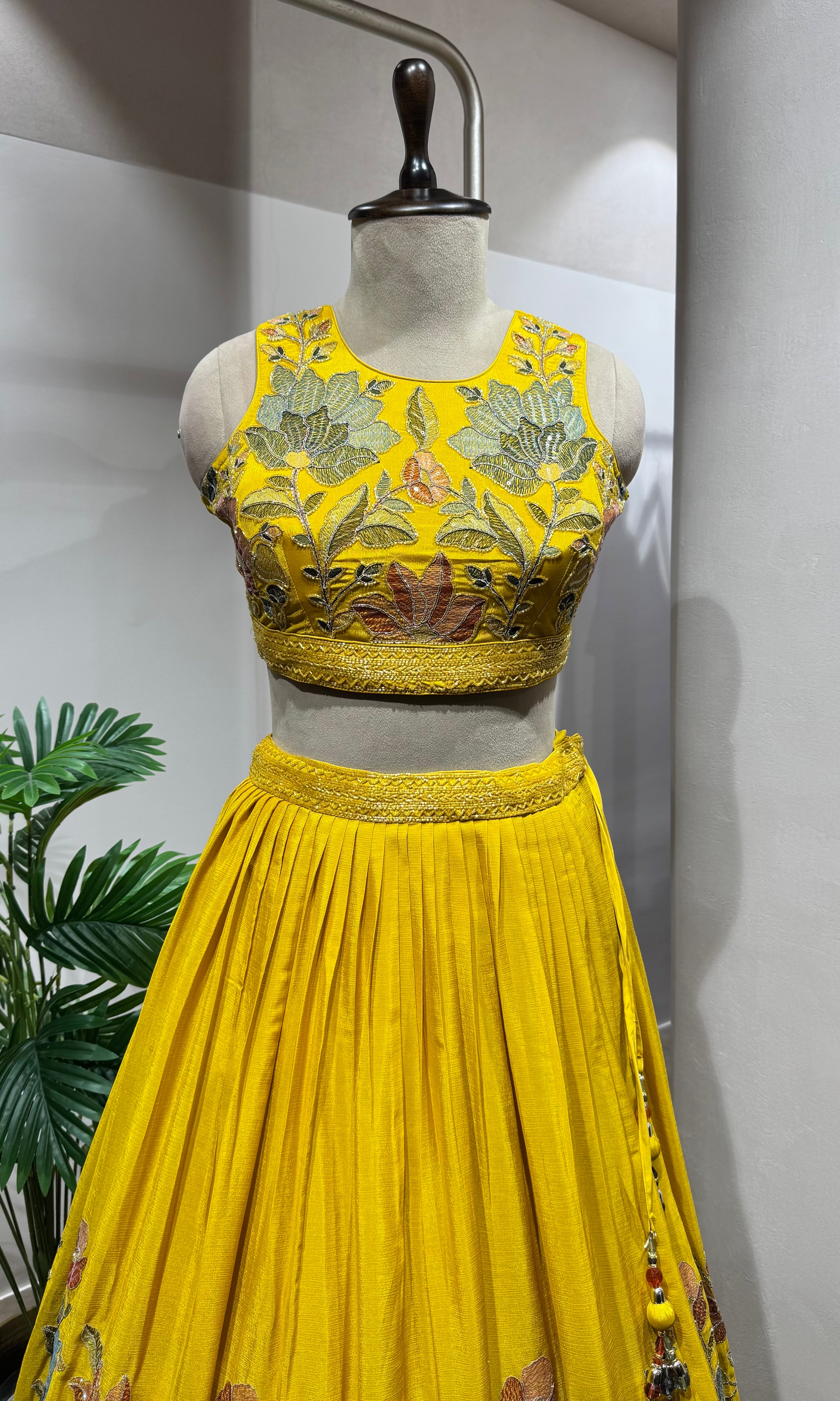 yellow floral printed embroidered lehenga