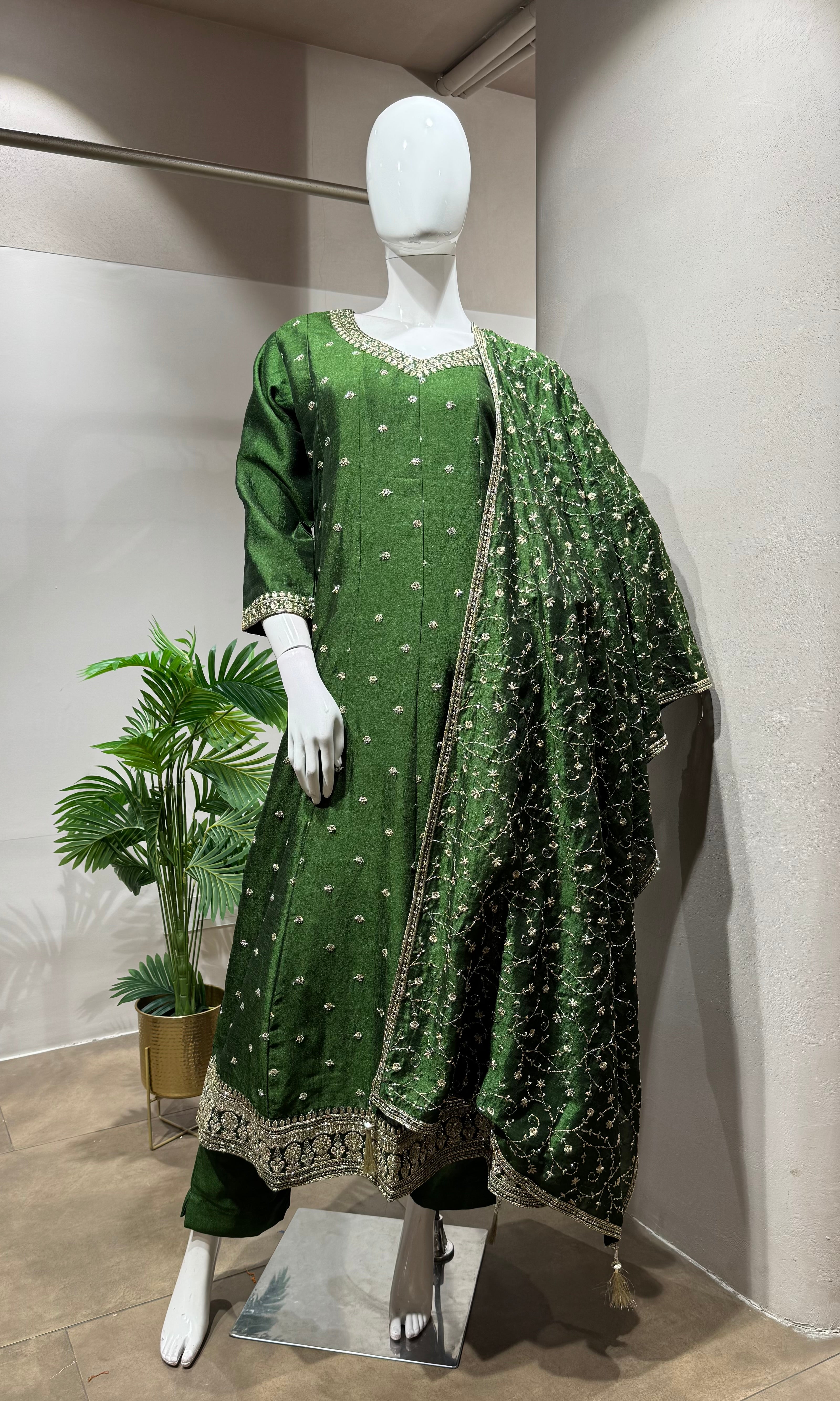 Green Embroidered Anarkali Set with dupatta