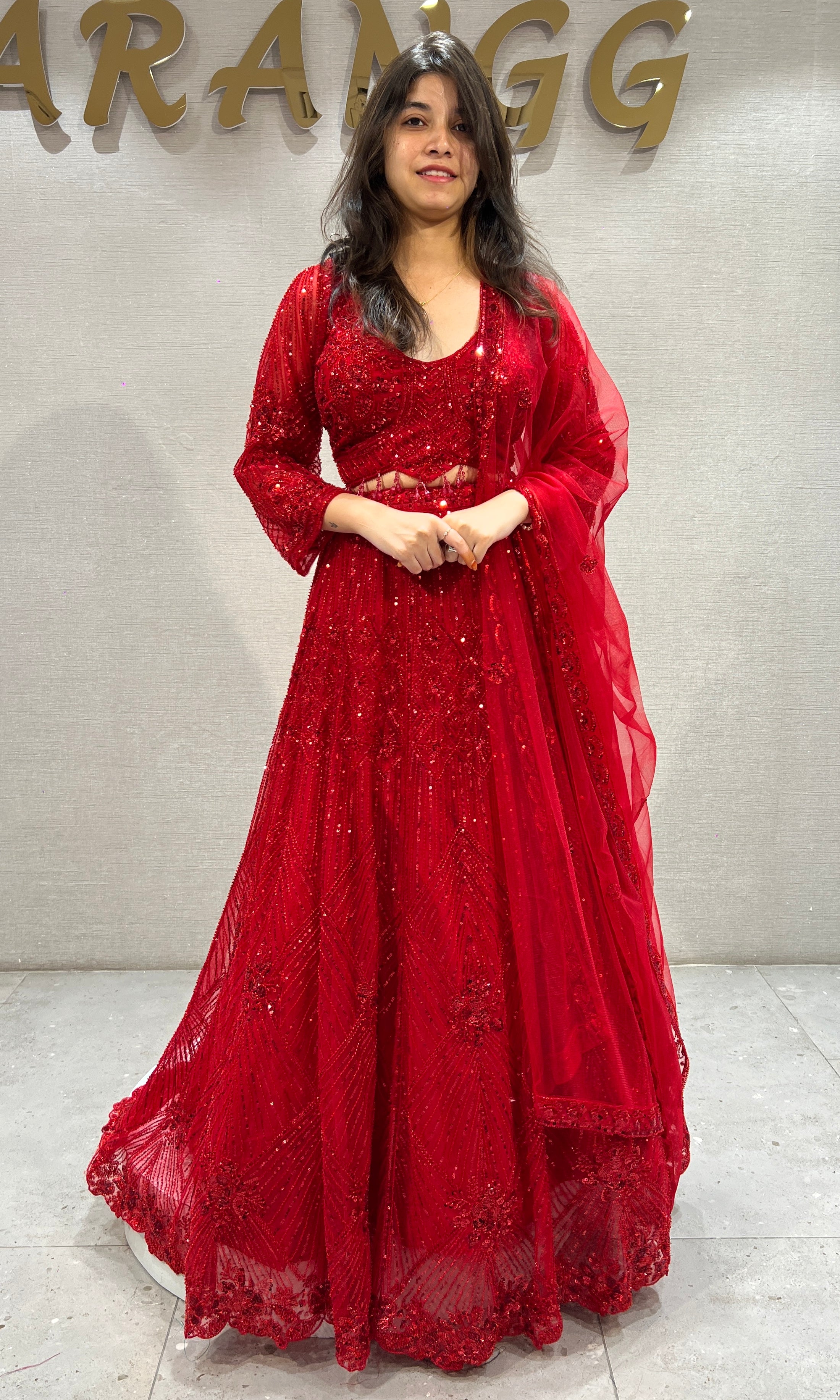 Red Embellished Lehenga set with Sheer Dupatta