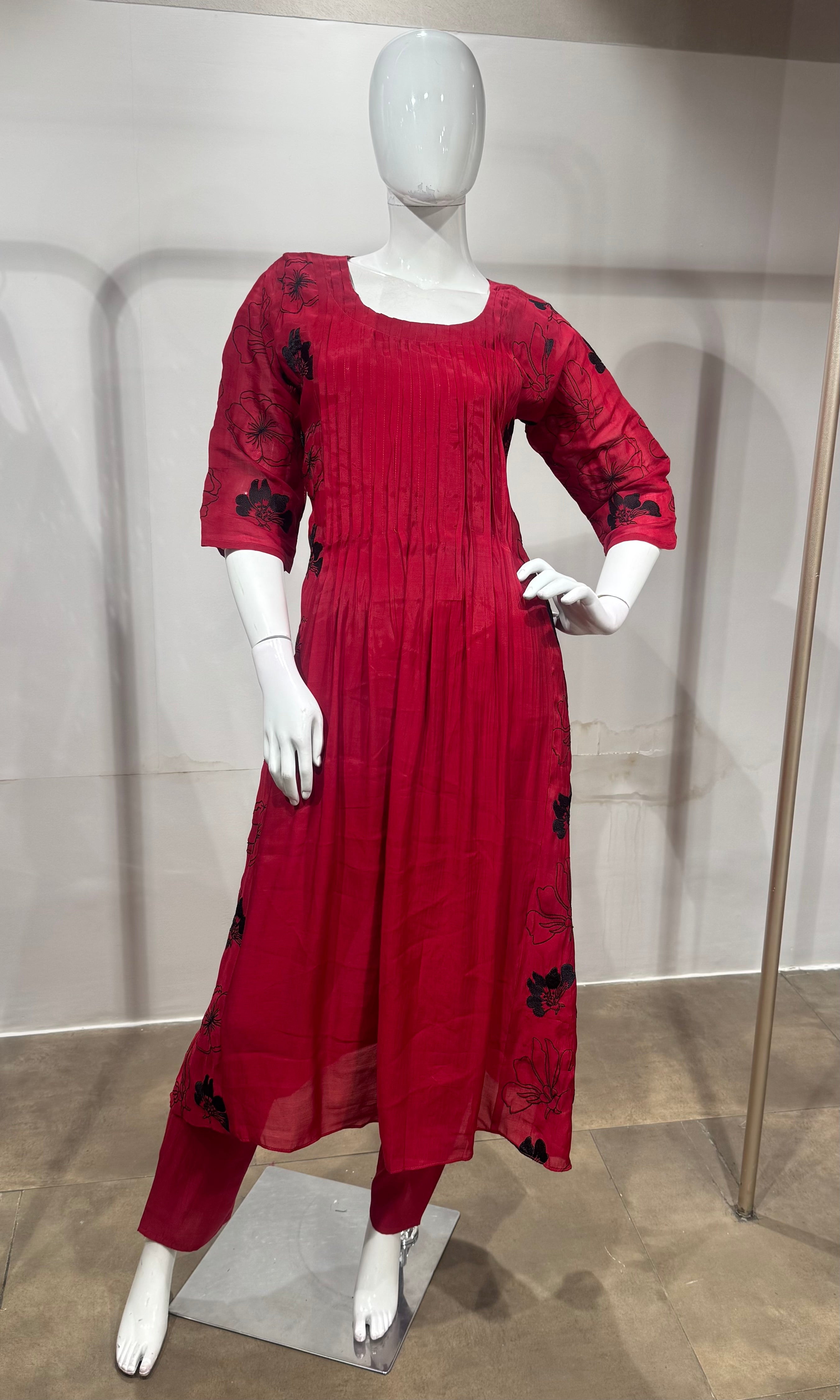Rani Floral Mul chanderi Kurta Set with Dupatta