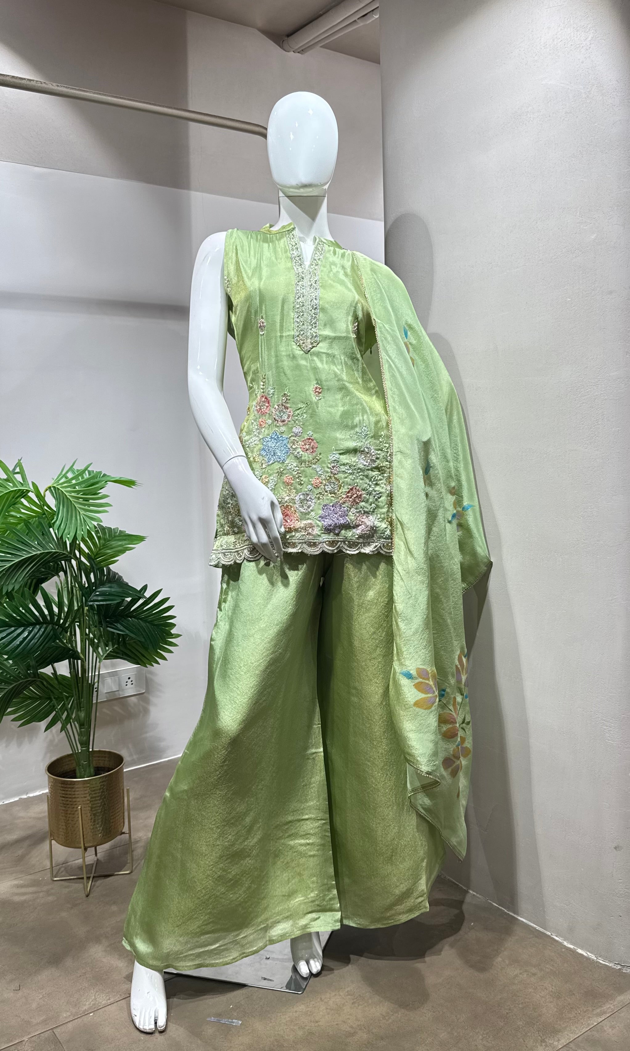 pista green floral embroidered sharara set