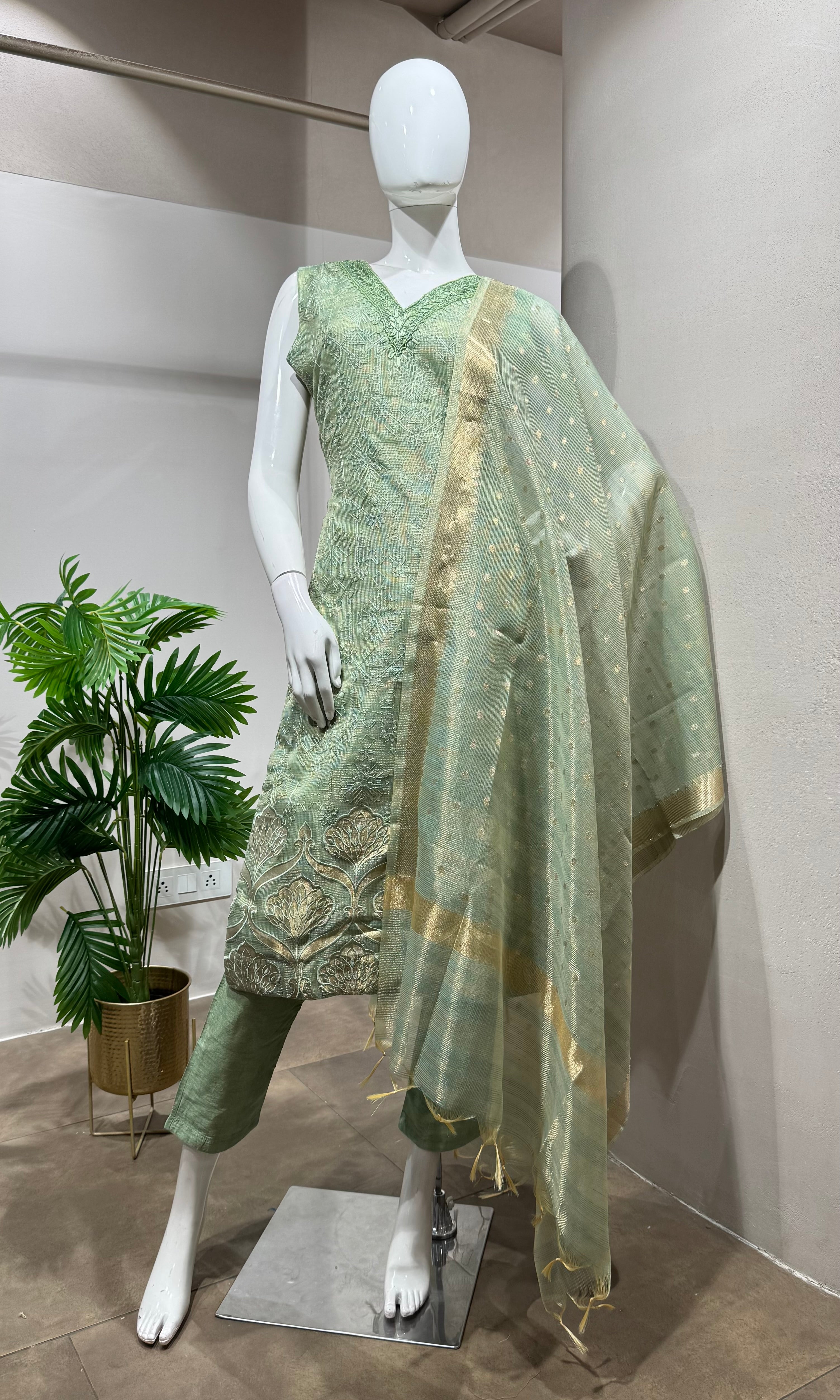 Pista Green Banarasi Silk kurta set